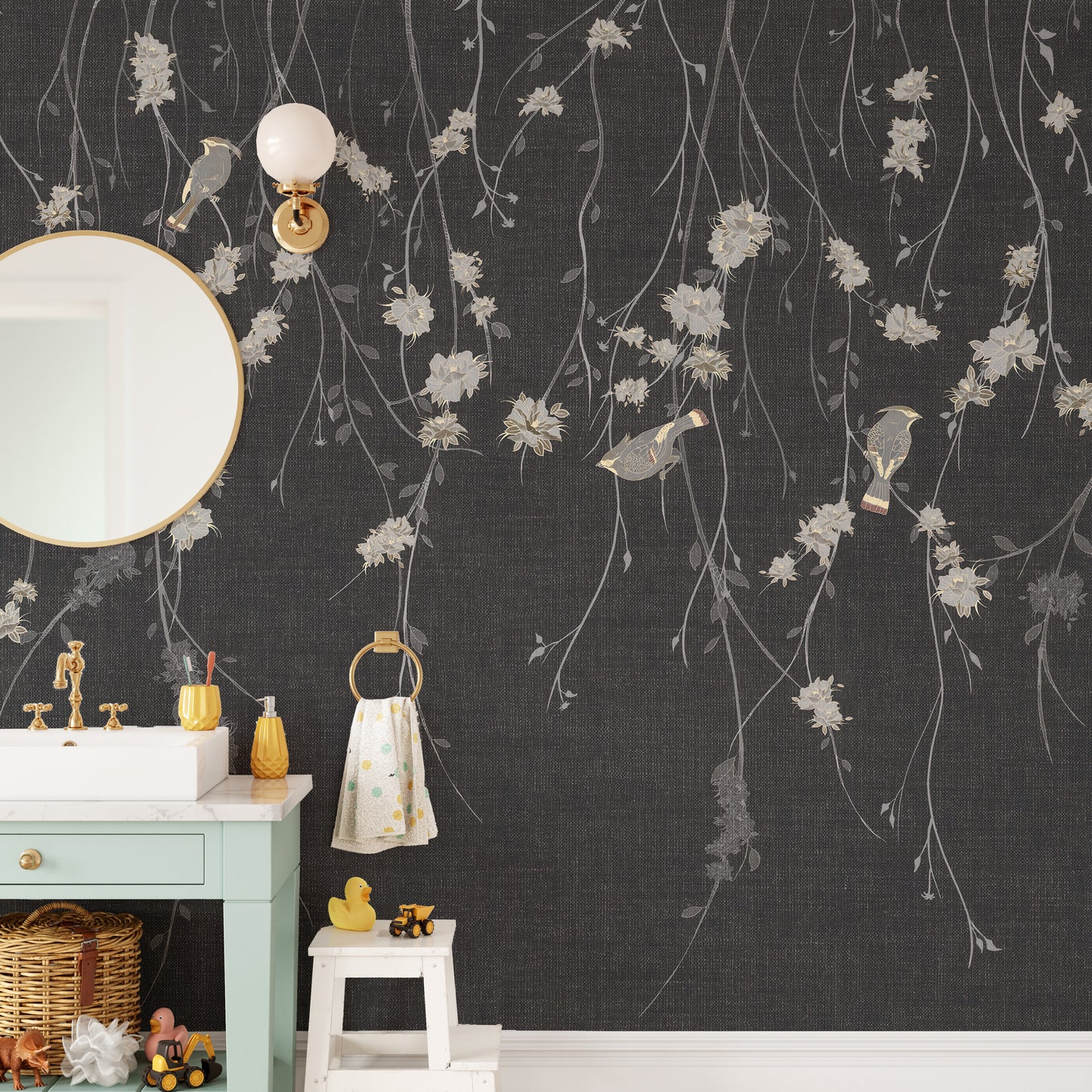 Beautiful dark black flowers and birds wallpaper mural