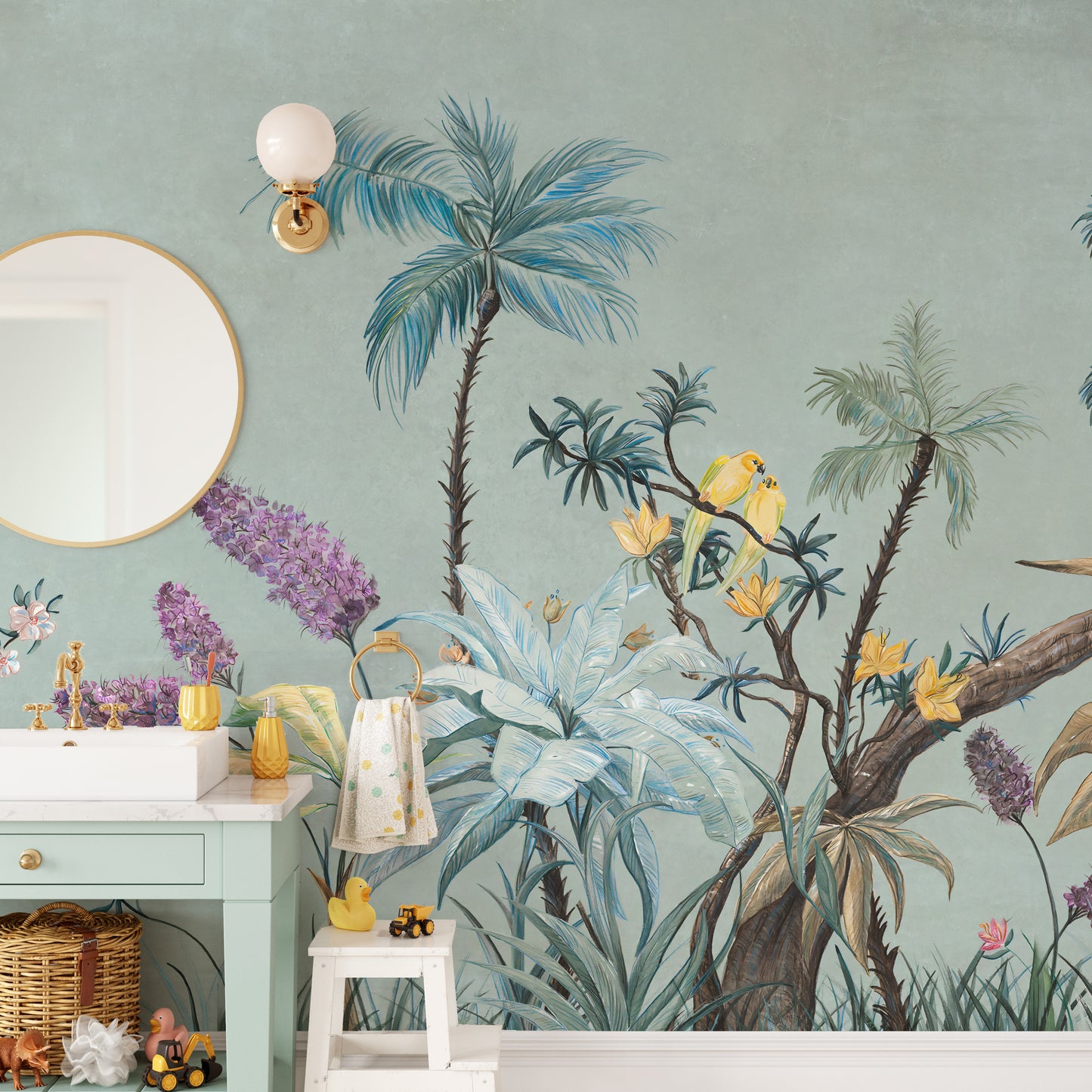 Floral wallpaper mural in boho style on a green backdrop.
