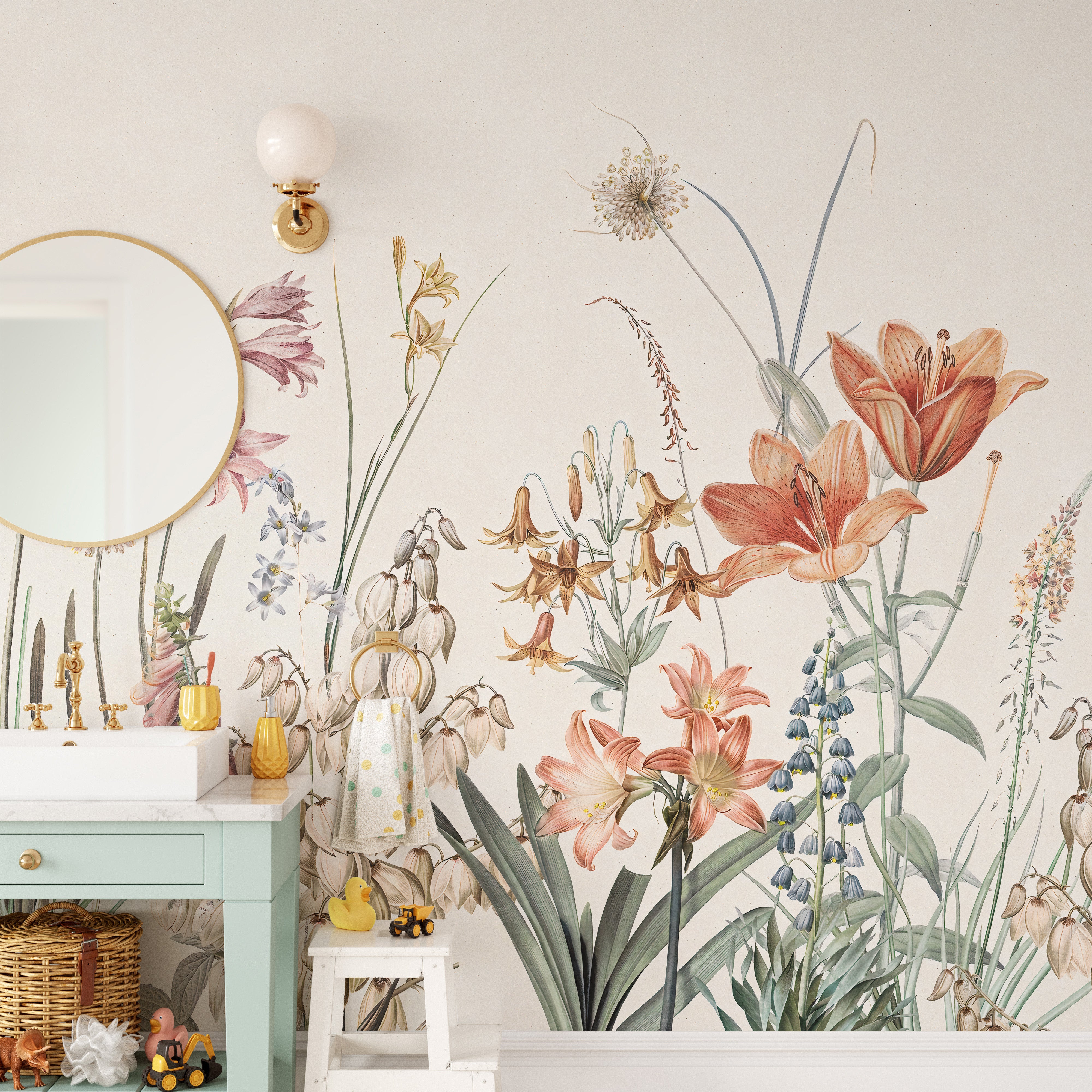 Artistic floral wall mural with painted tones
