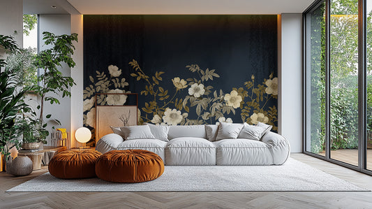 Elegant midnight gold flora wallpaper mural for luxurious walls.