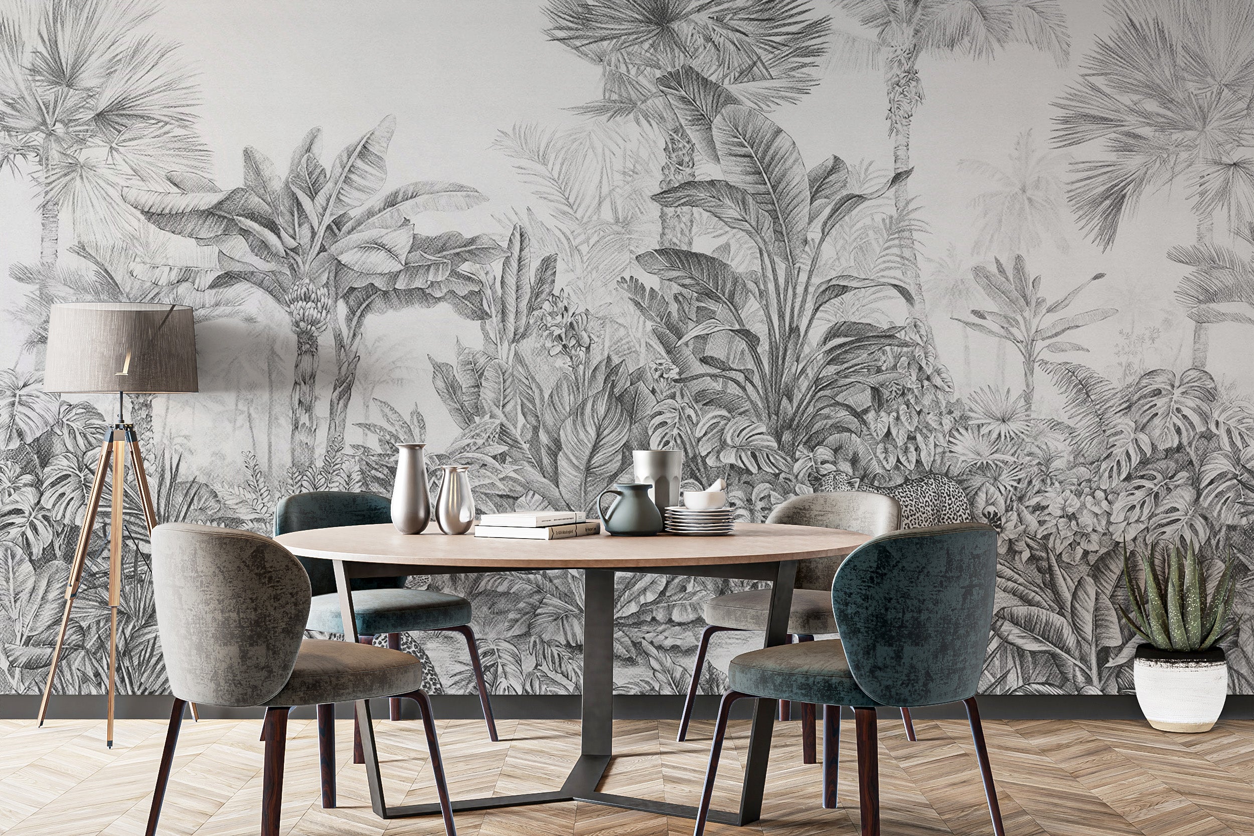 Grey tropical jungle wall murals for decor
