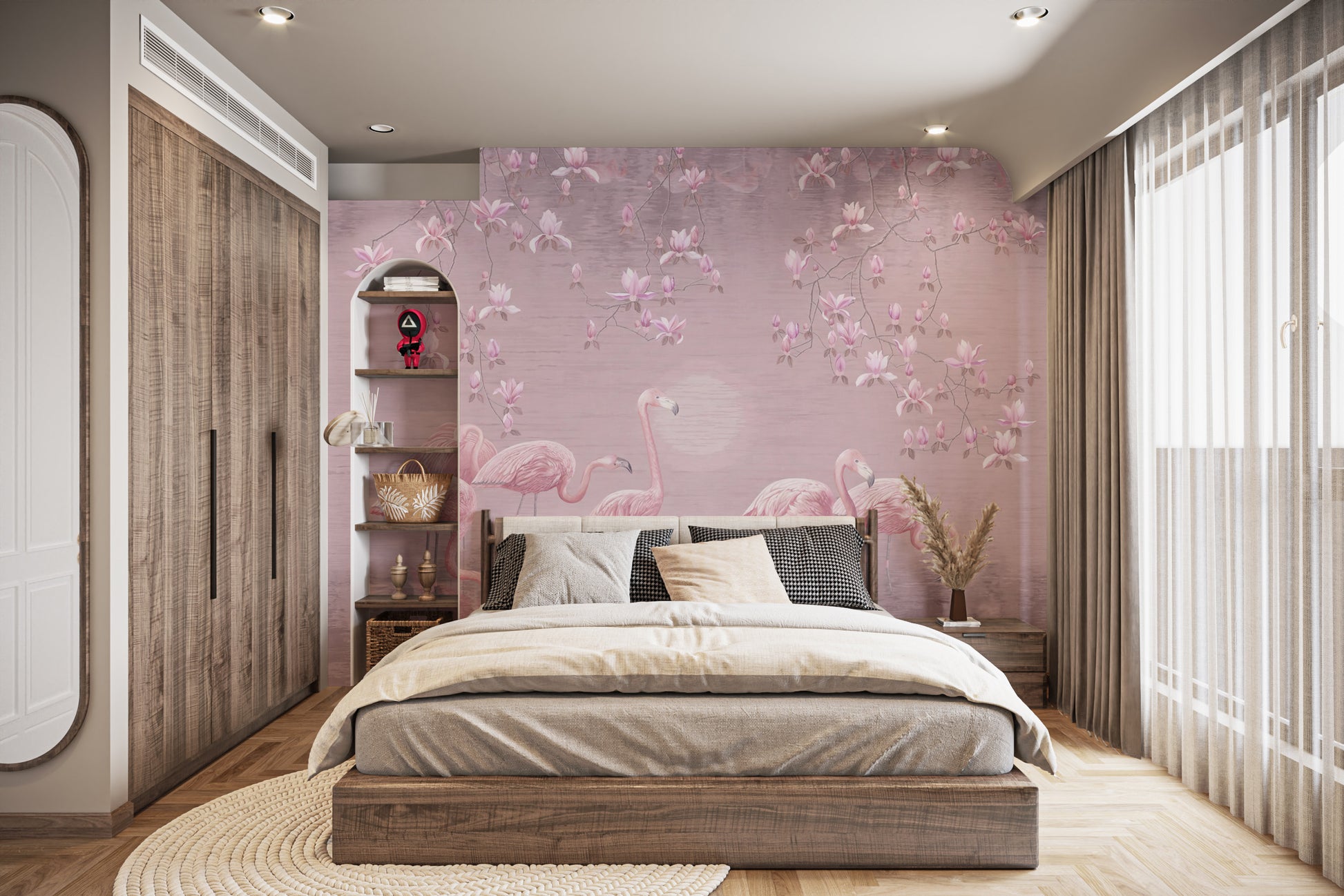 Vibrant flamingo haven mural with pink magnolias