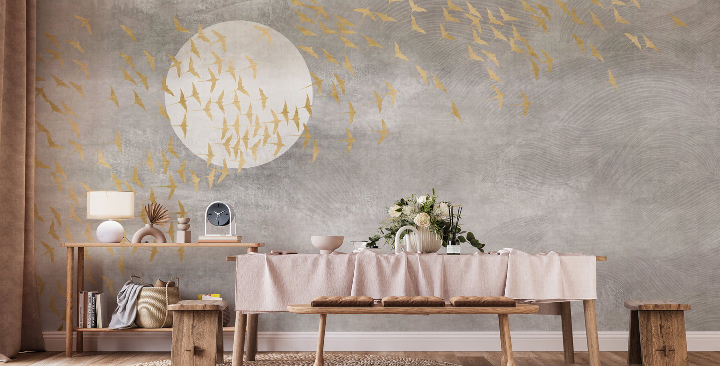 Golden Birds Flying in Sky Wallpaper Murals