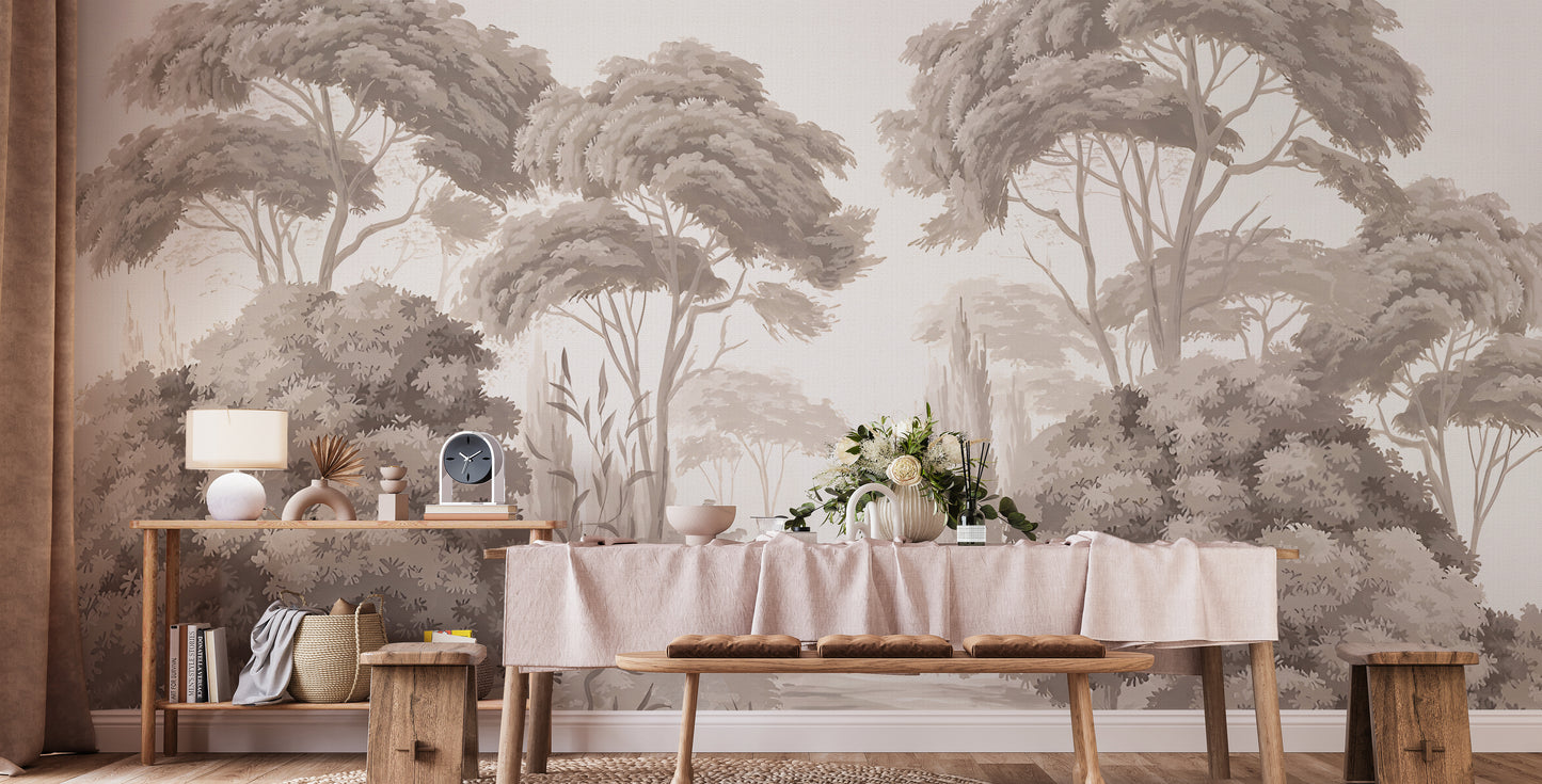 Soft Sepia Tone Forest Wallpaper for Nursery Walls
