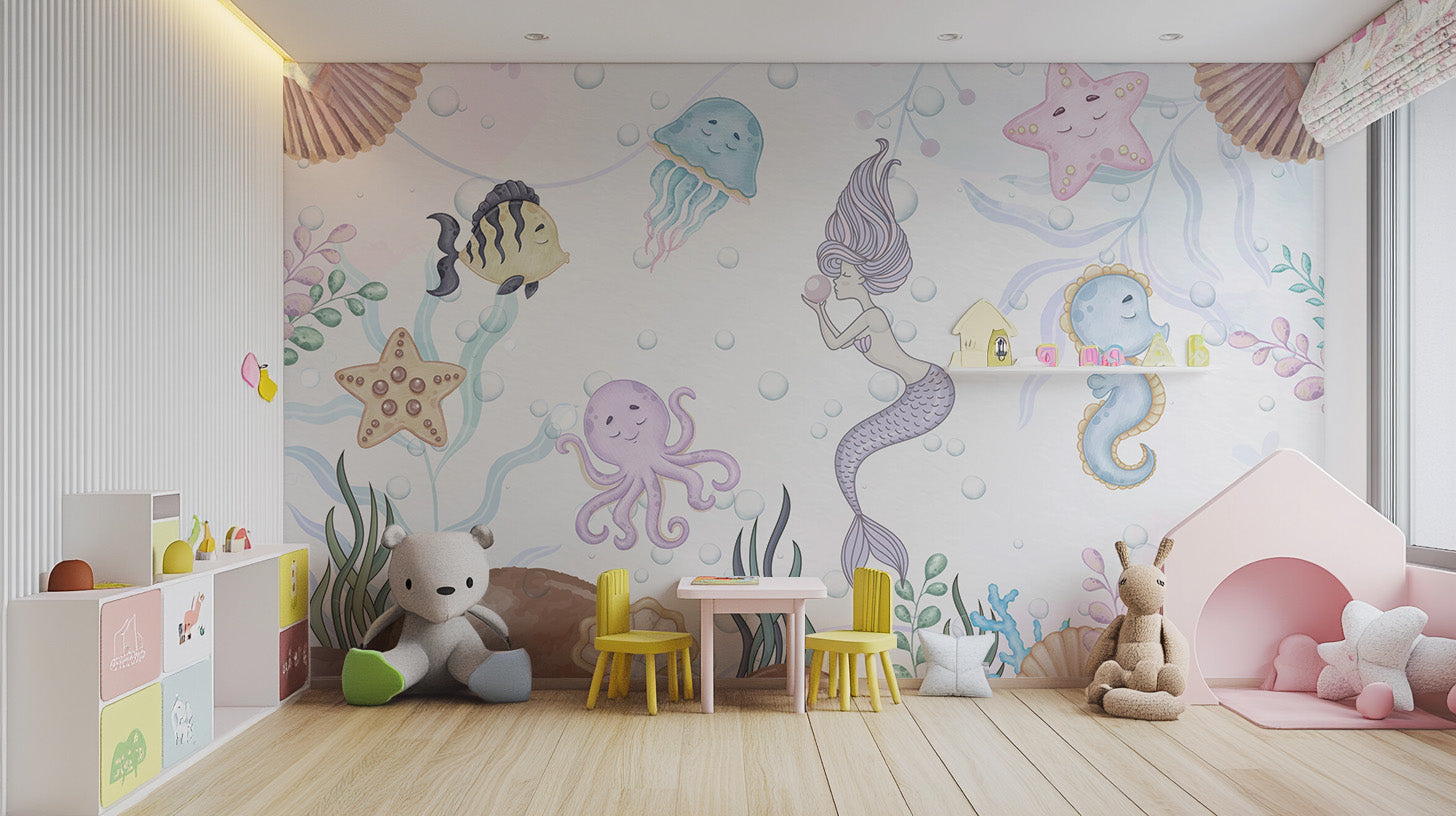 Underwater playland mural with vibrant sea life for kids