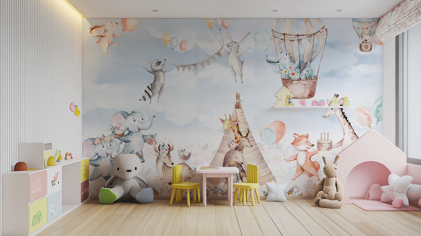 Colorful balloons wallpaper floating over blossom valley mural.
