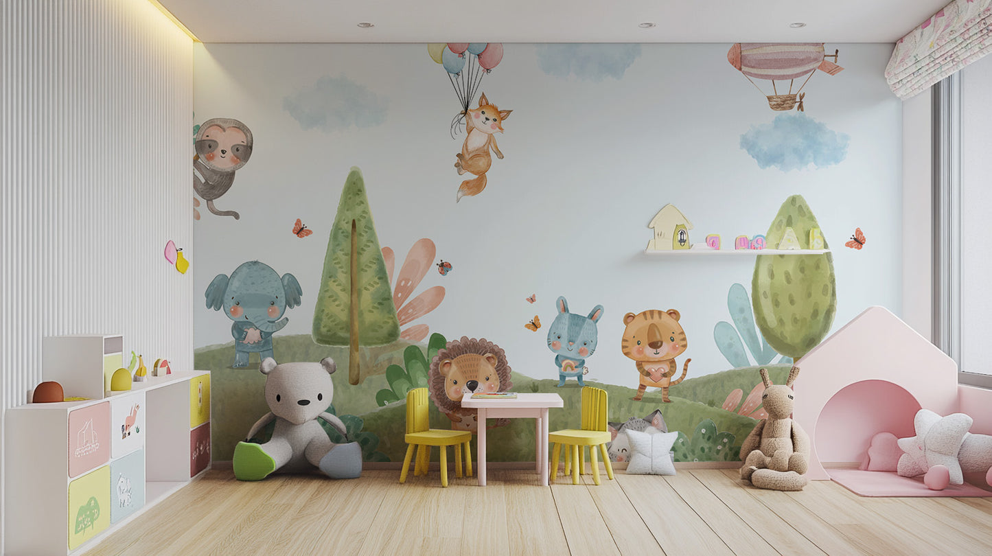 Adorable jungle critters wallpaper in a vibrant mural design.
