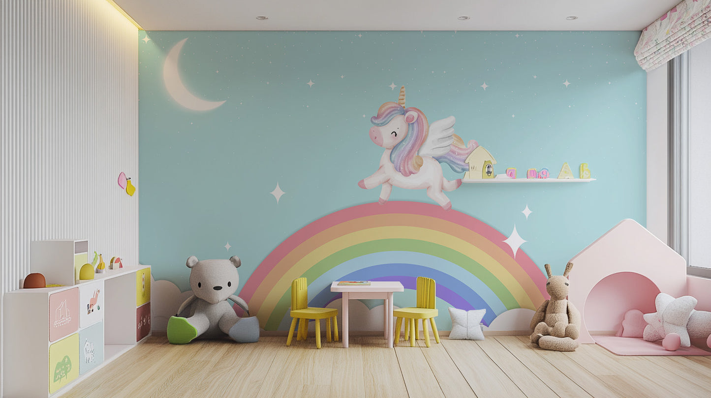 Starlit rainbow wallpaper featuring a majestic unicorn mural.
