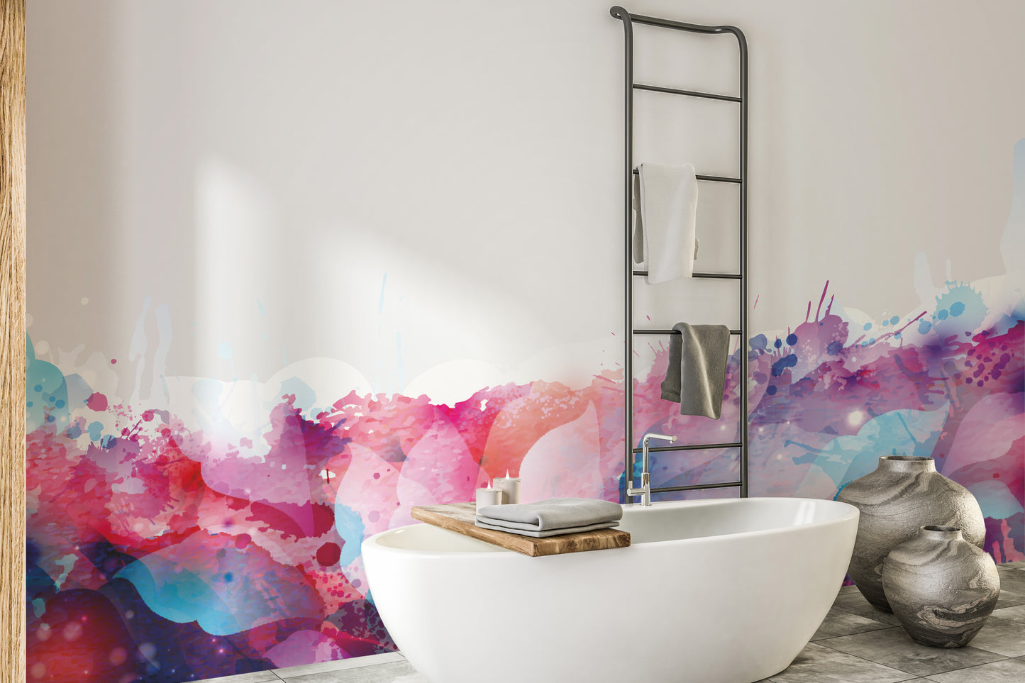 Watercolor abstract mural featuring colorful leaf patterns.
