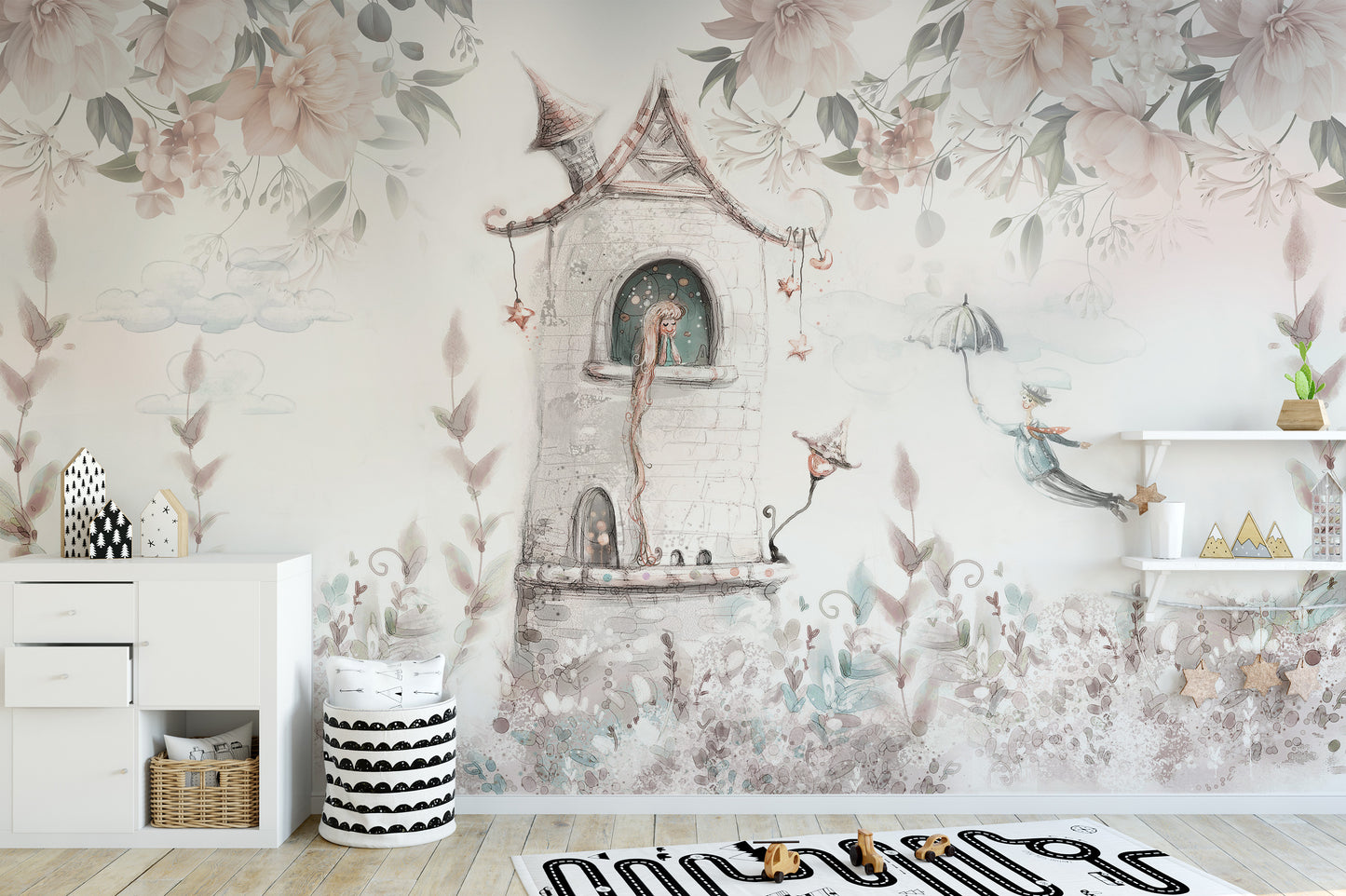 Magical princess tower mural wallpaper with floral accents.