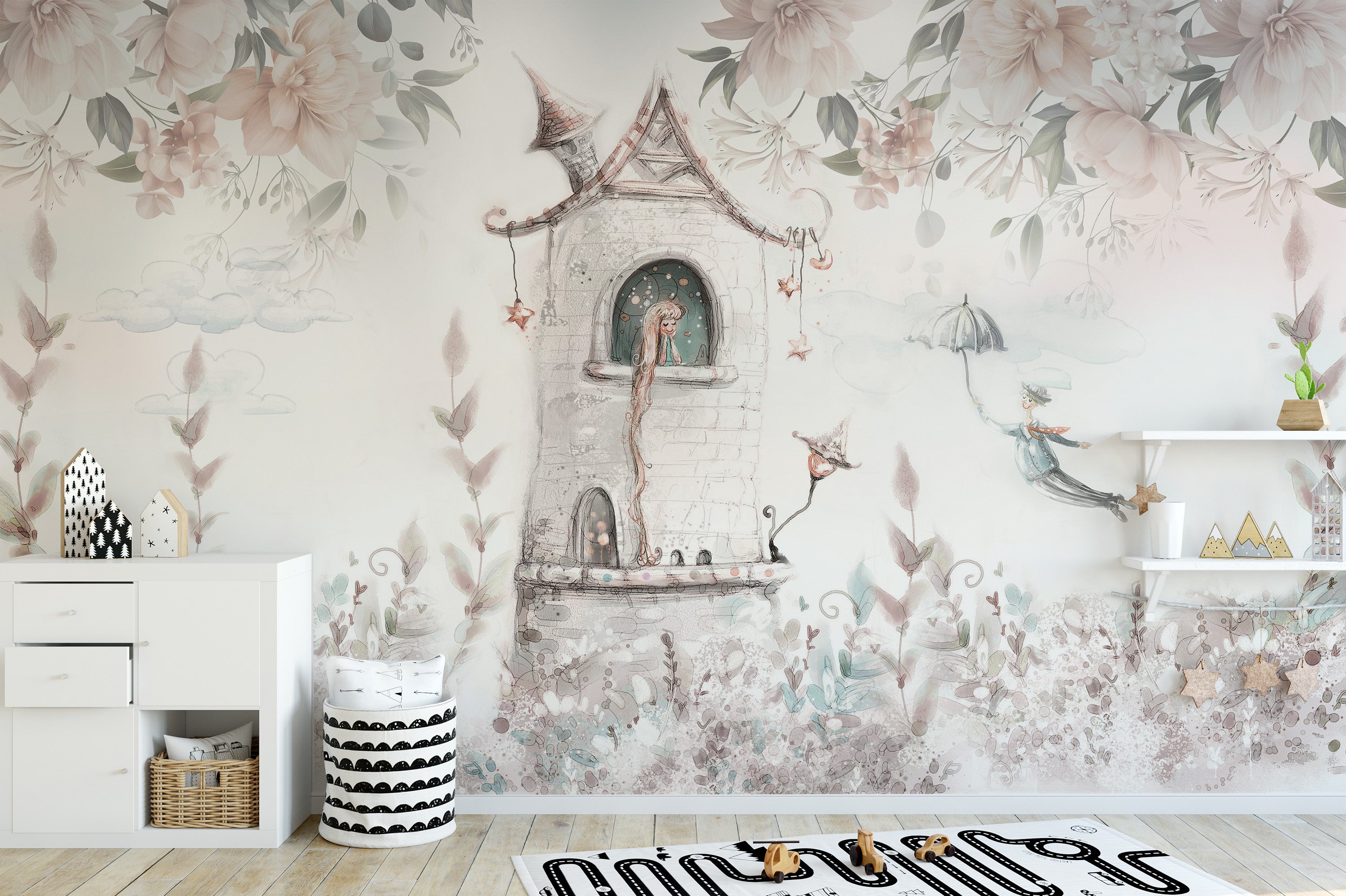 Magical princess tower mural wallpaper with floral accents.