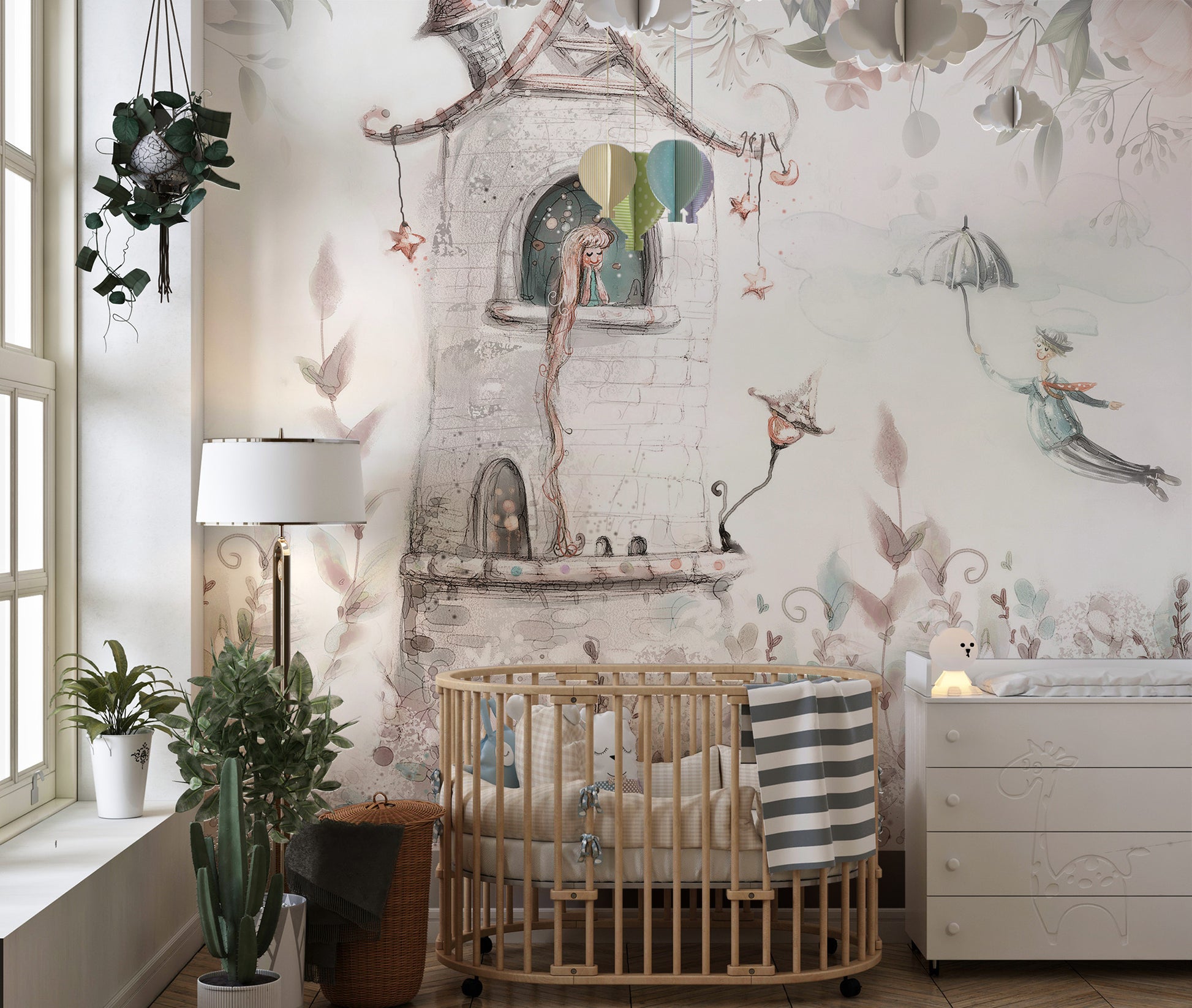 Artistic floral princess tower wallpaper mural for dreamy spaces.