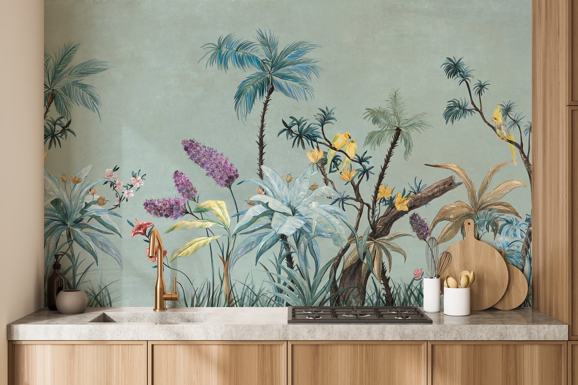 Green background wallpaper mural with boho flower accents.
