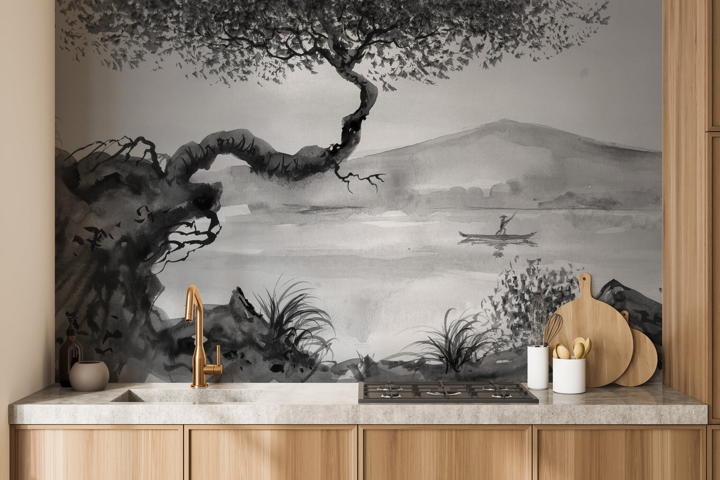 Watercolor Brushstrokes Lakeside View Wallpaper Murals