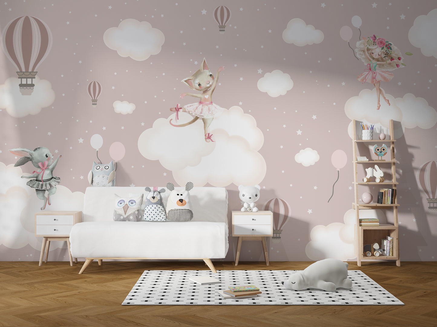 Soft pastel enchanted clouds with cute animals