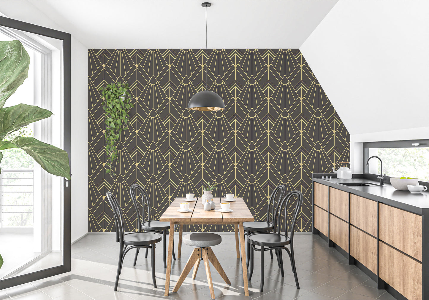 Gold art deco wallpaper with abstract flair