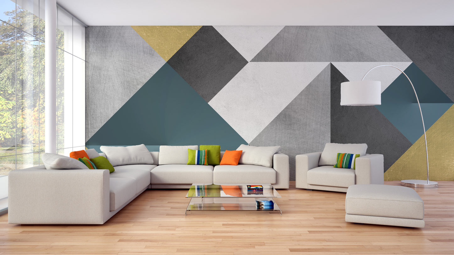 Blue & Yellow Abstract Geometric Multicolor Triangle Wallpaper Mural - Giffywalls