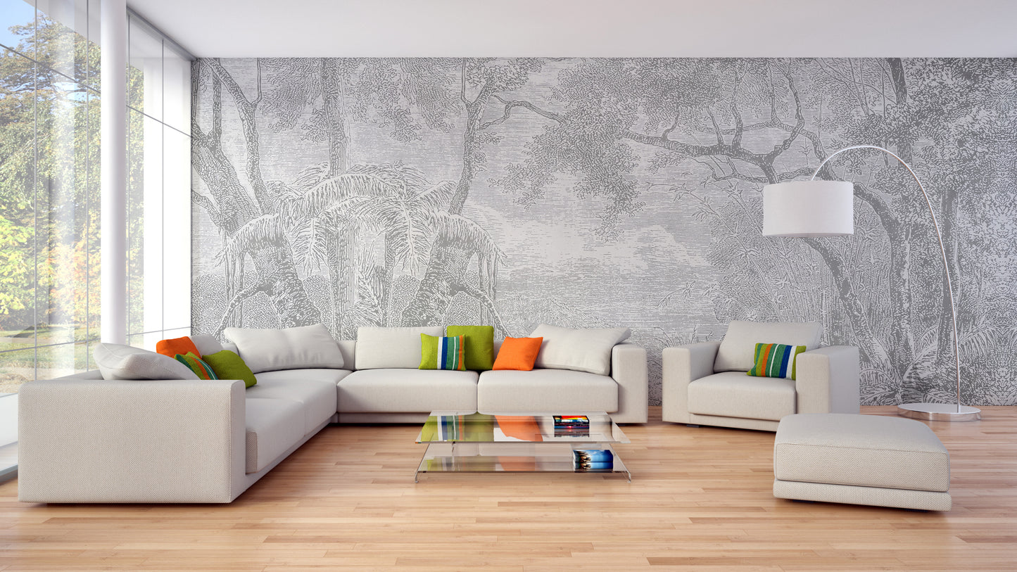 Gray Color Sketch Forest Wallpaper Murals for a Natural Look