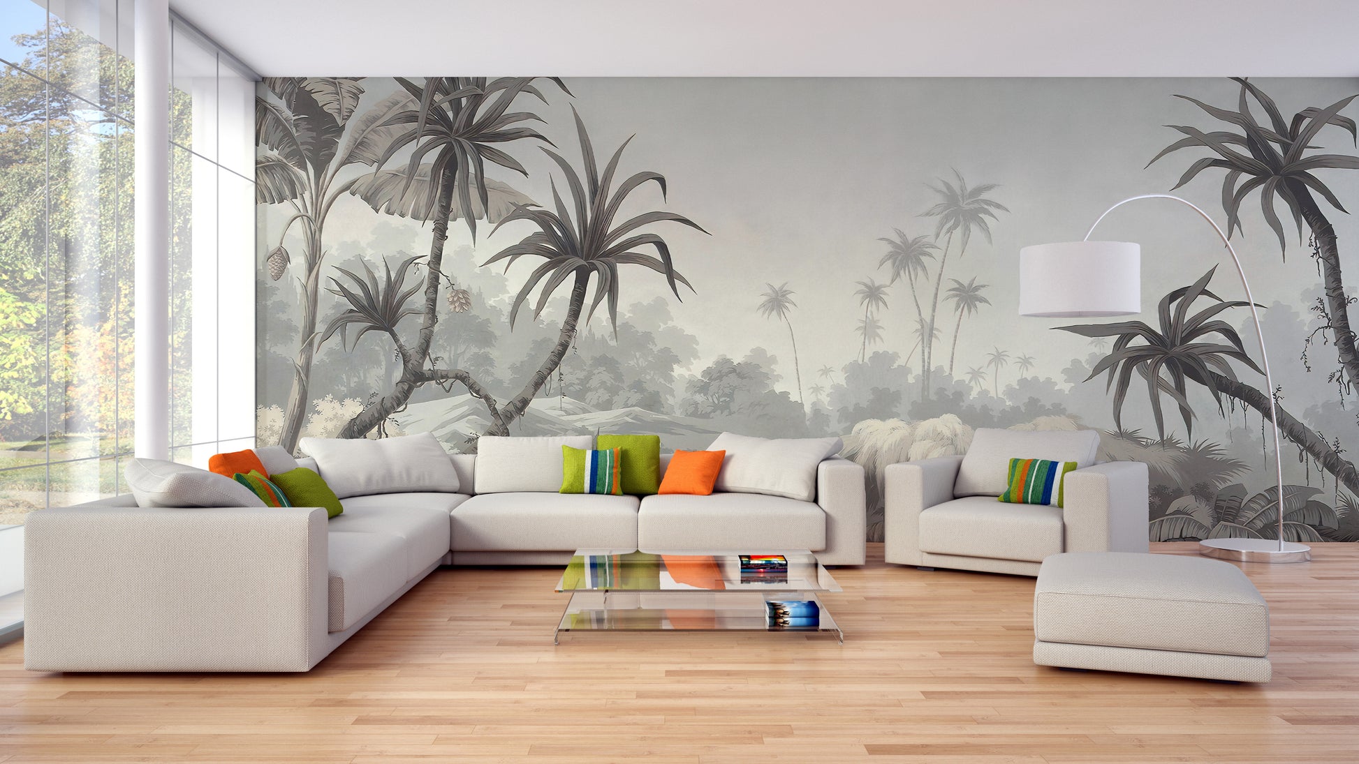 Rustic countryside wallpaper mural with tropical flair
