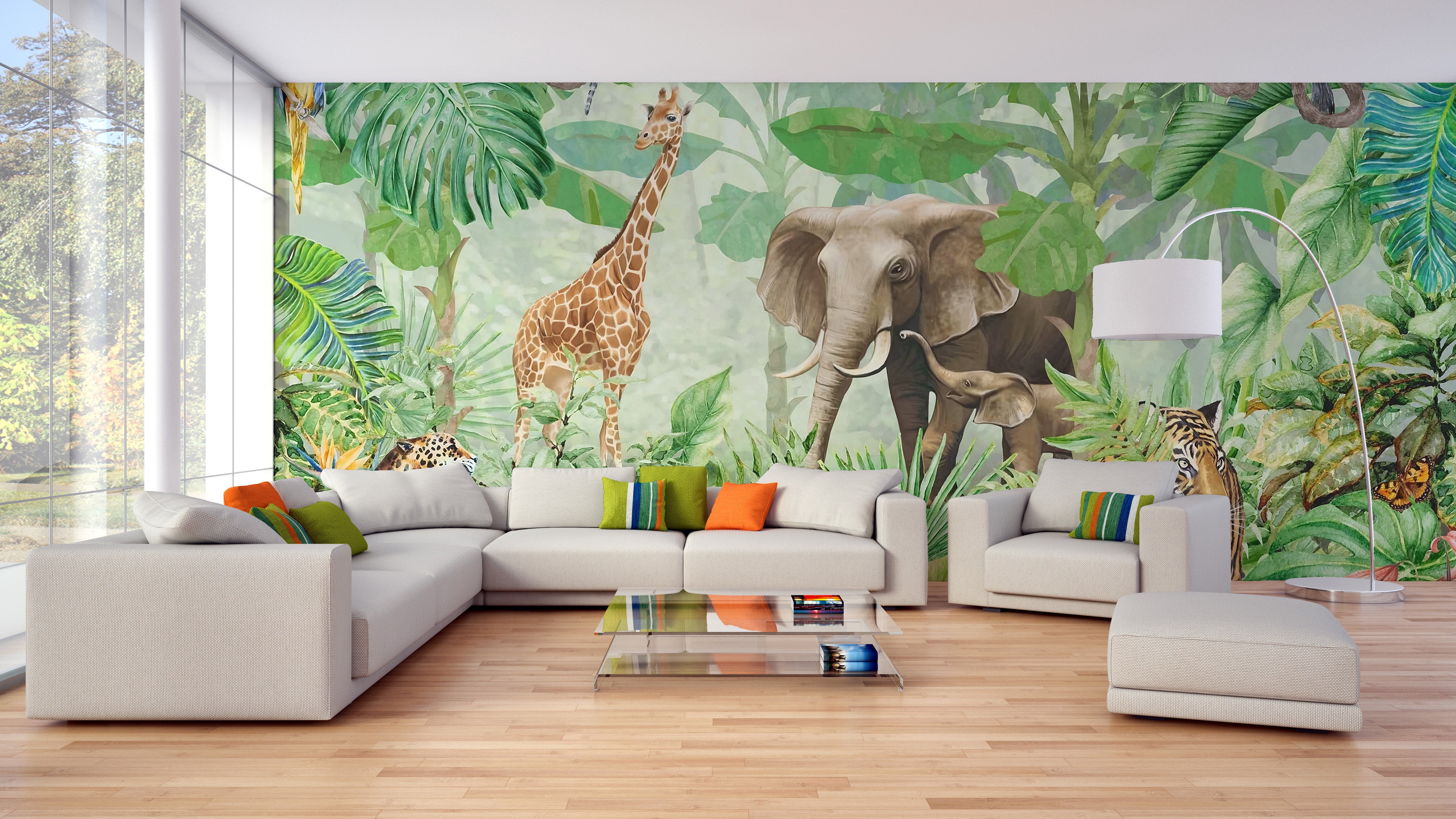 Lush green forest with wildlife mural design
