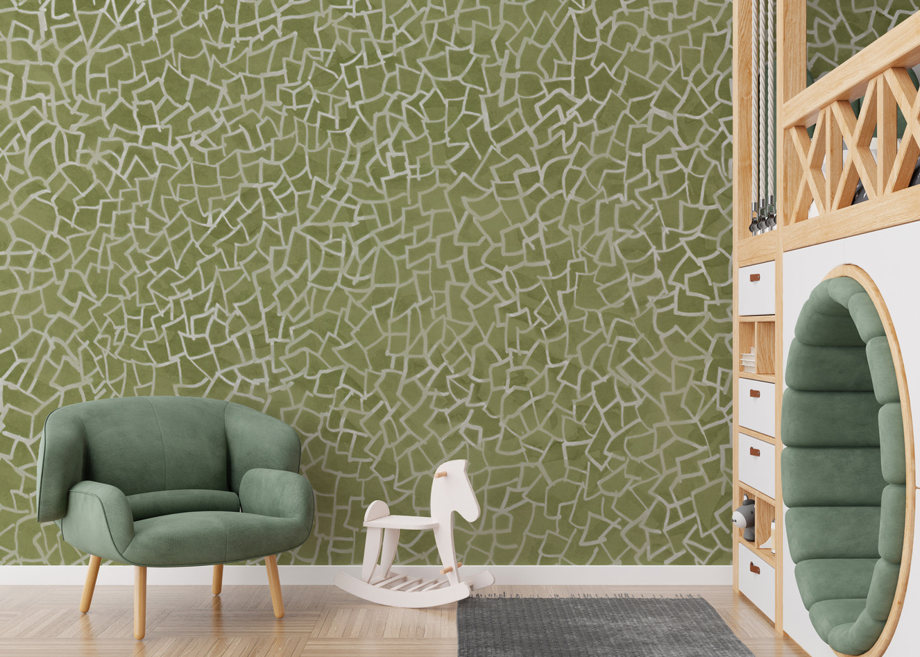 Sleek Green Glimmer Pragmatico mural for a modern wall style.
