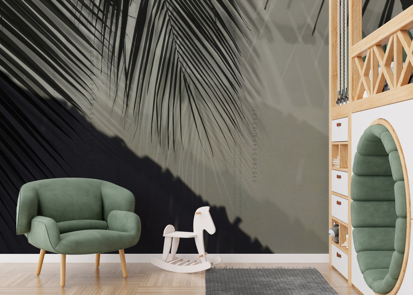 Minimalist palm leaf mural with soft shadowed patterns.
