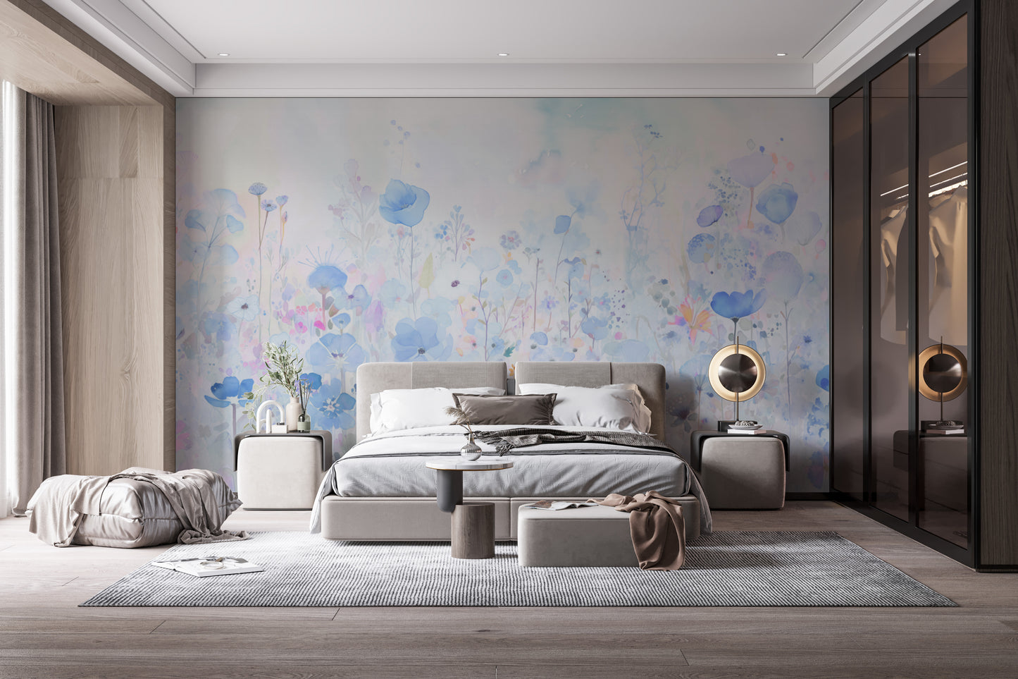 Watercolor Happy Flowers Blue Wallpaper