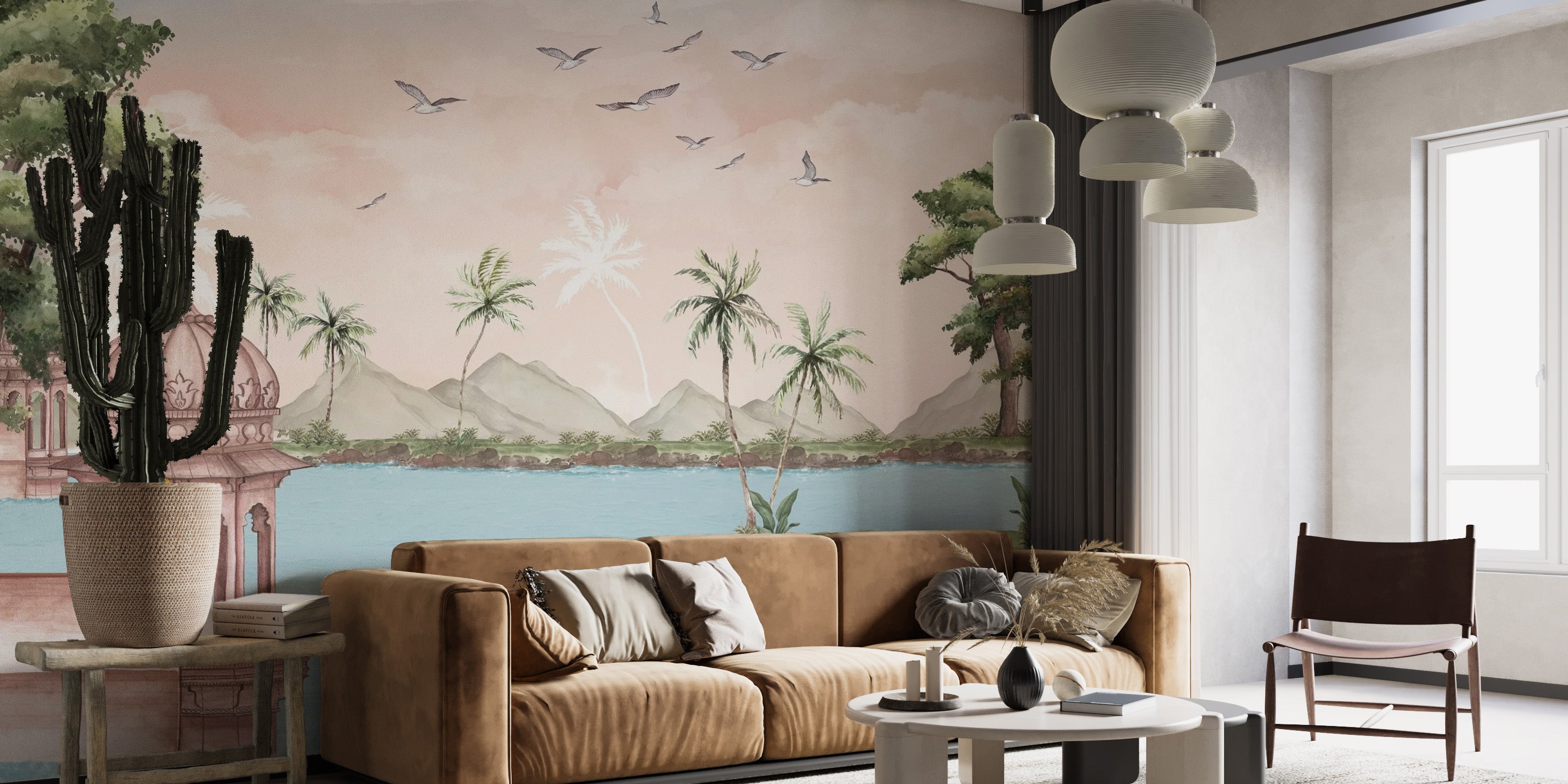 Lakeside view wall mural with watercolour design
