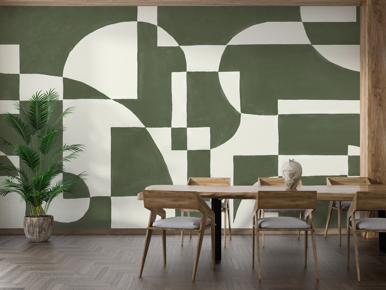 Emerald geometric wallpaper for a bold and modern wall design.