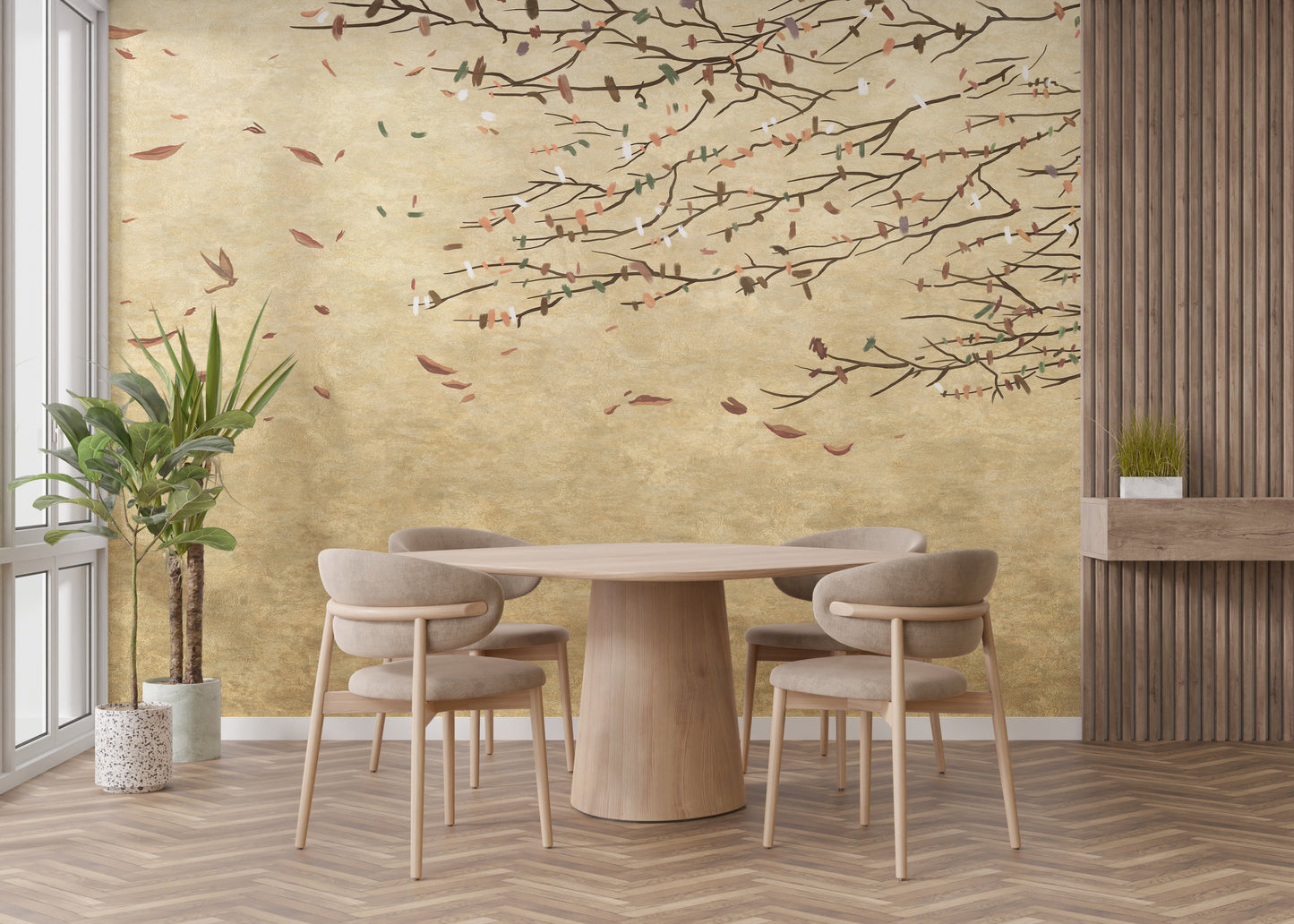 Blossom-themed dining room wallpaper mural