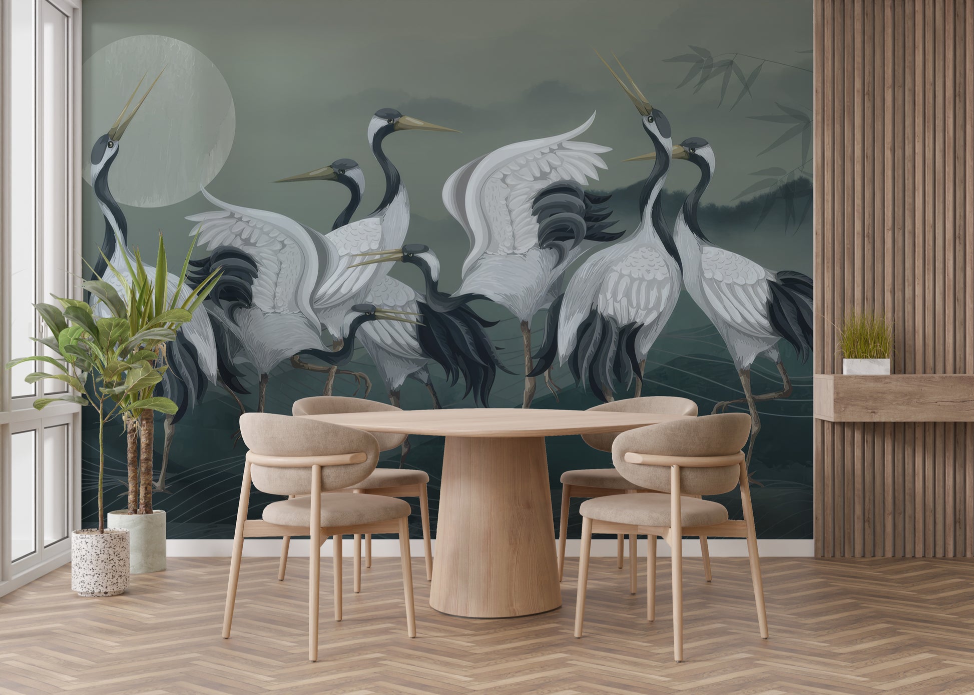 Crane birds wallpaper with elegant design for chic spaces