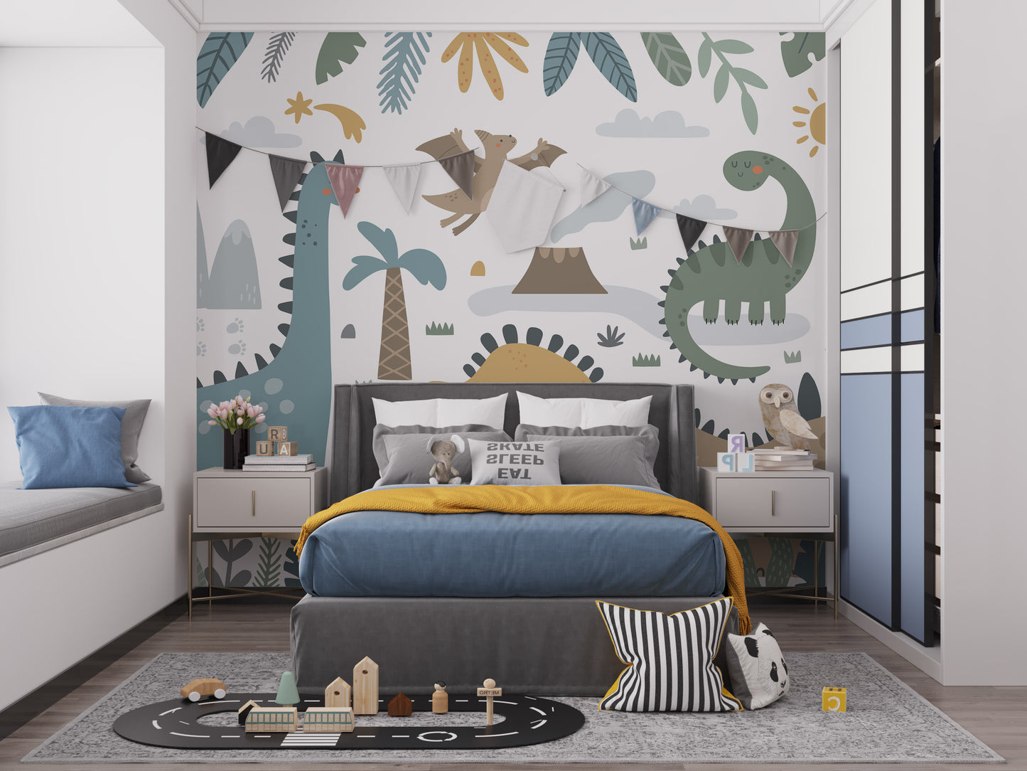 Fun dinosaur design mural wallpaper for lively children's walls.
