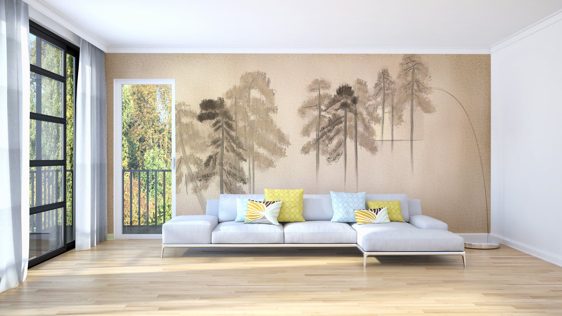 Beige pine tree mural for a tranquil backdrop