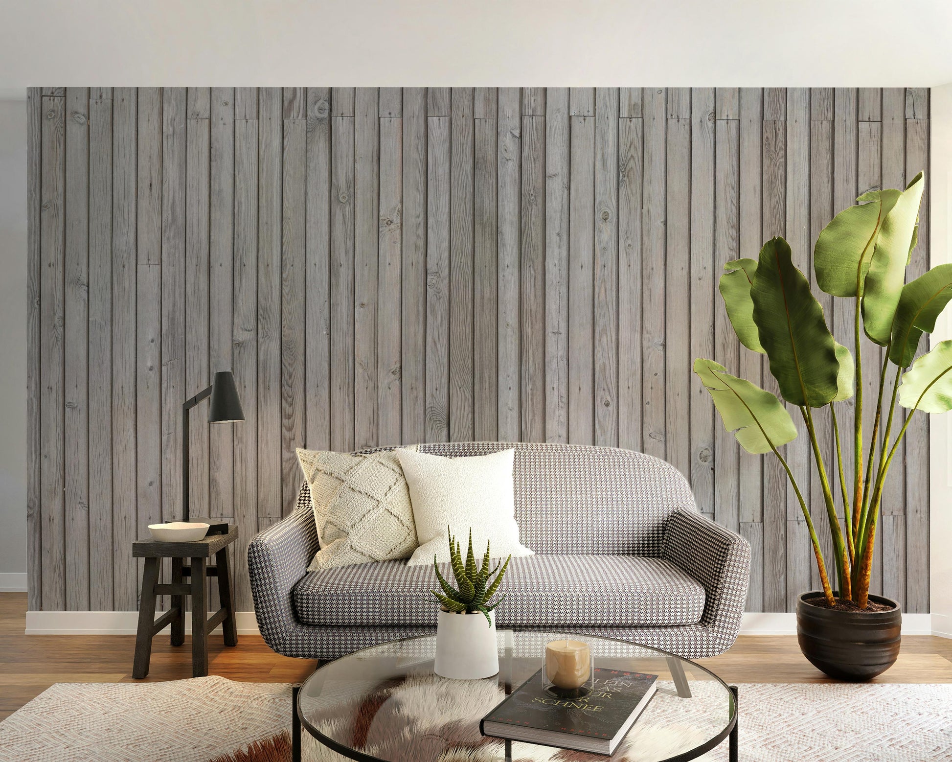 Stylish grey wood-lined wallpaper mural for unique interiors.
