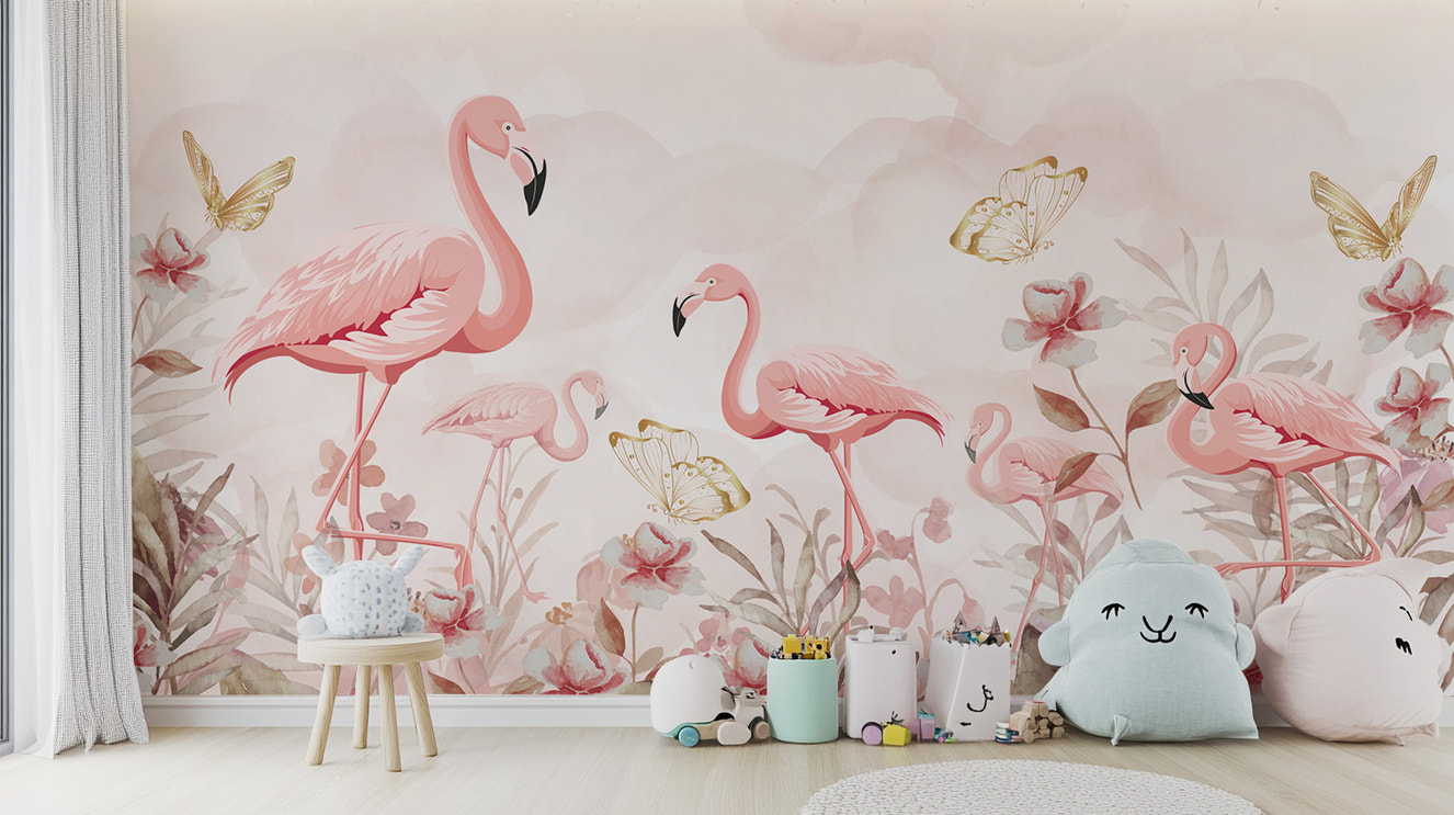 Graceful flamingo serenade wallpaper mural for tropical vibes.
