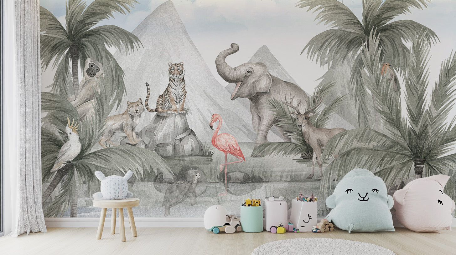 Jungle wildlife mural for tropical-inspired rooms