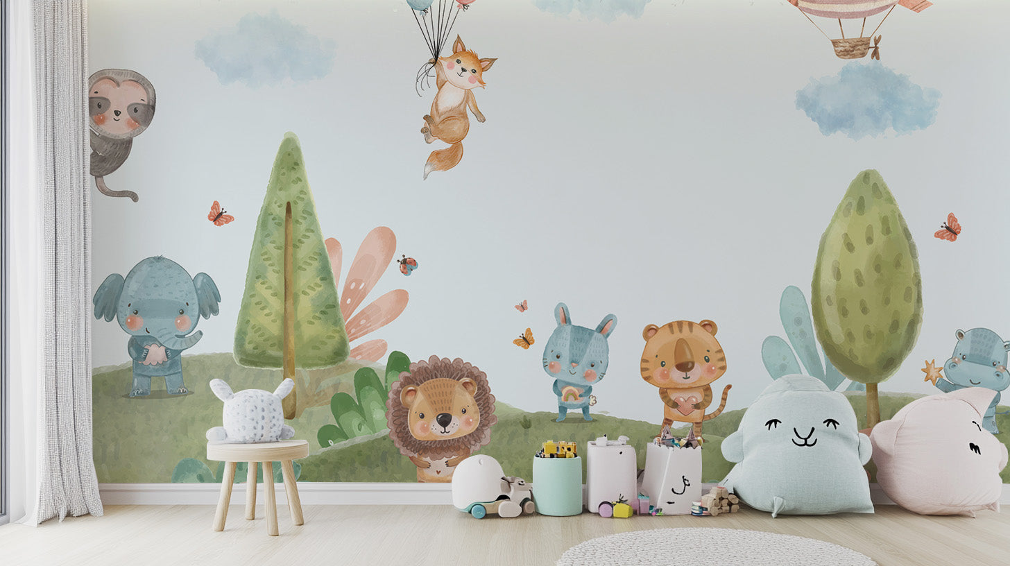 Playful critters wallpaper mural for jungle-inspired decor.
