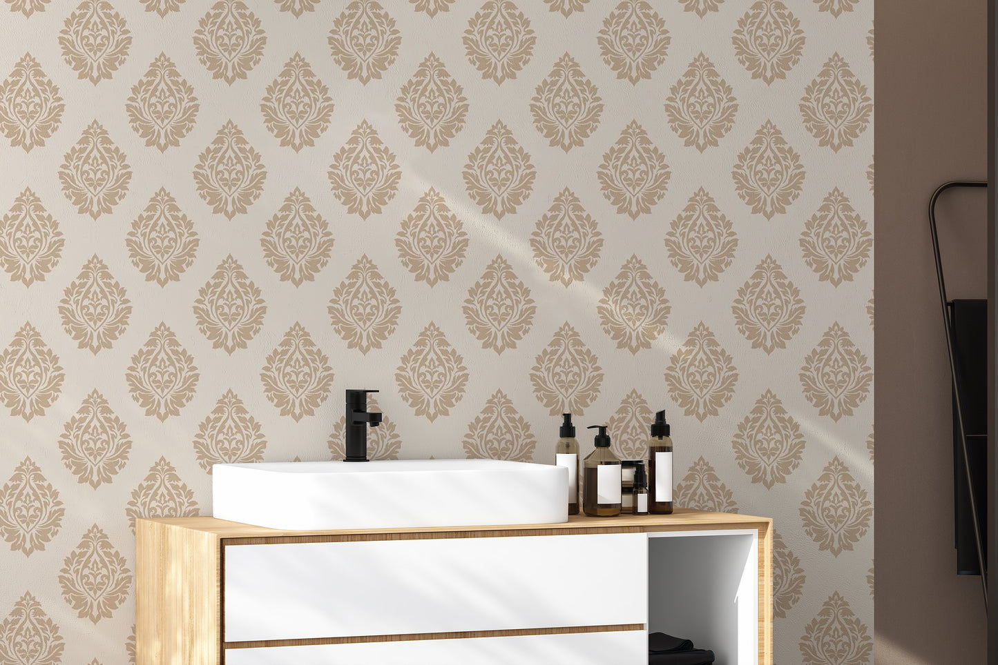 Timeless beige Victorian damask wallpaper with intricate designs.
