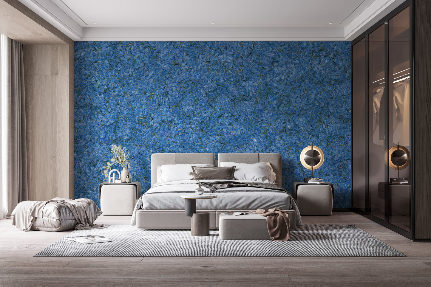 Flower Pattern Embroidery Blue Wallpaper Murals