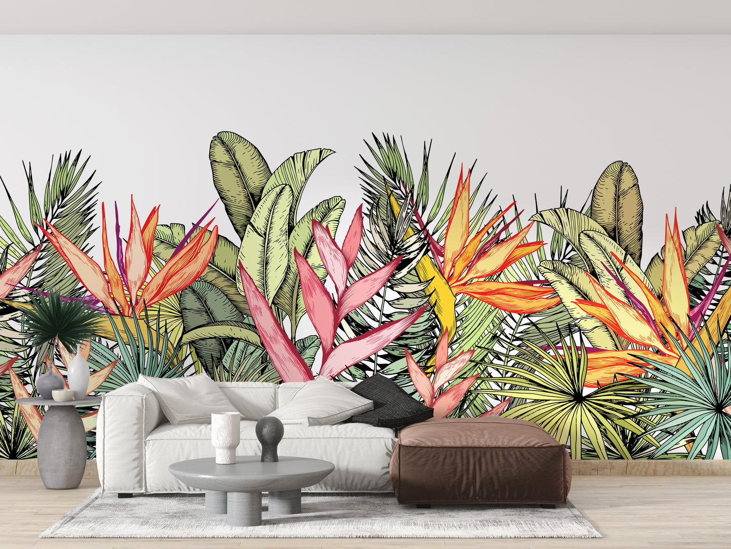 Colorful Tropical Palm Leaves Flowers Wall Murals