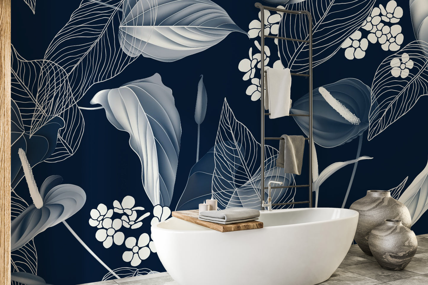 Dark Blue Anthurium & Blue Leaves Wallpaper