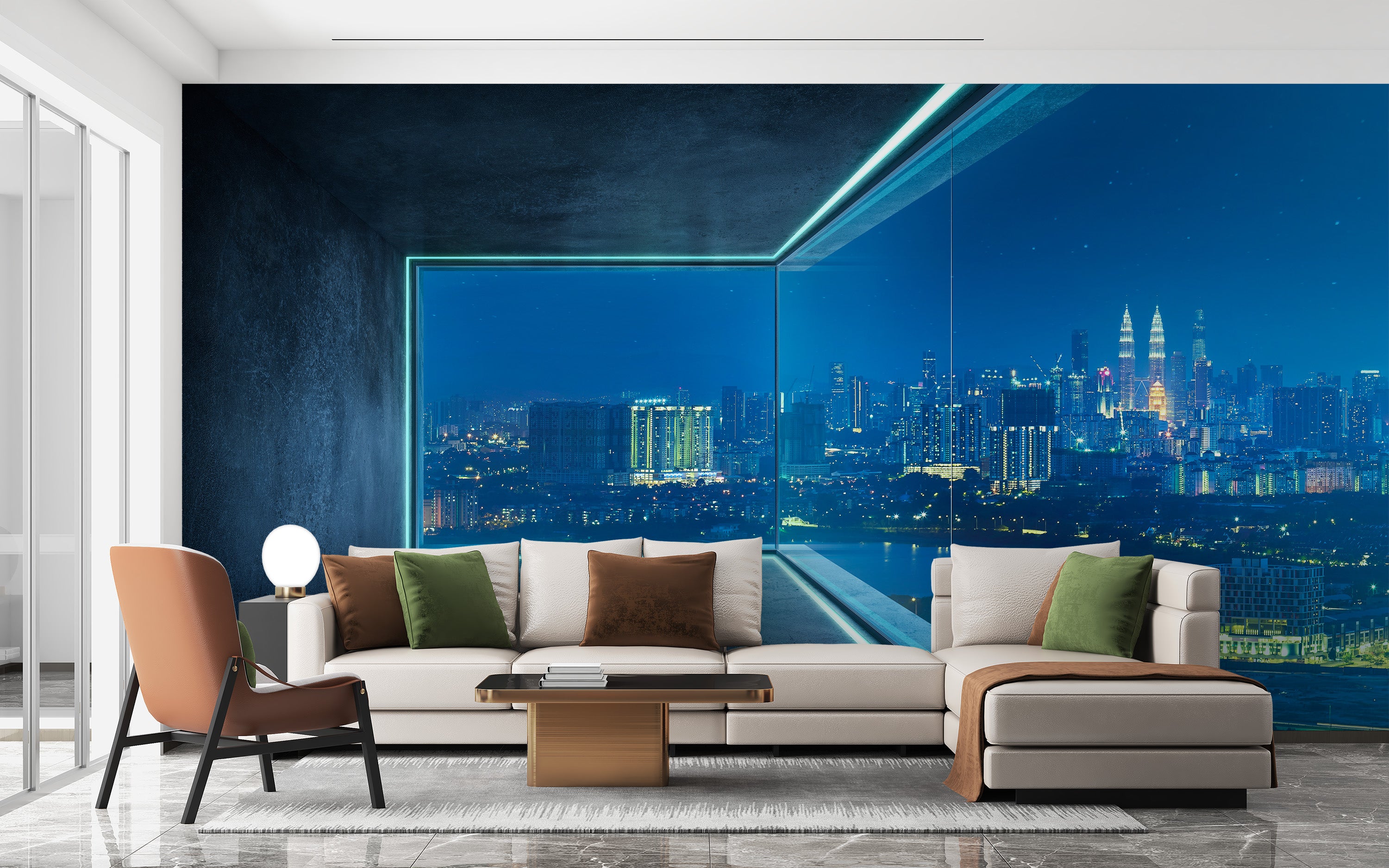 Blue cityscape wallpaper with glass window vibe