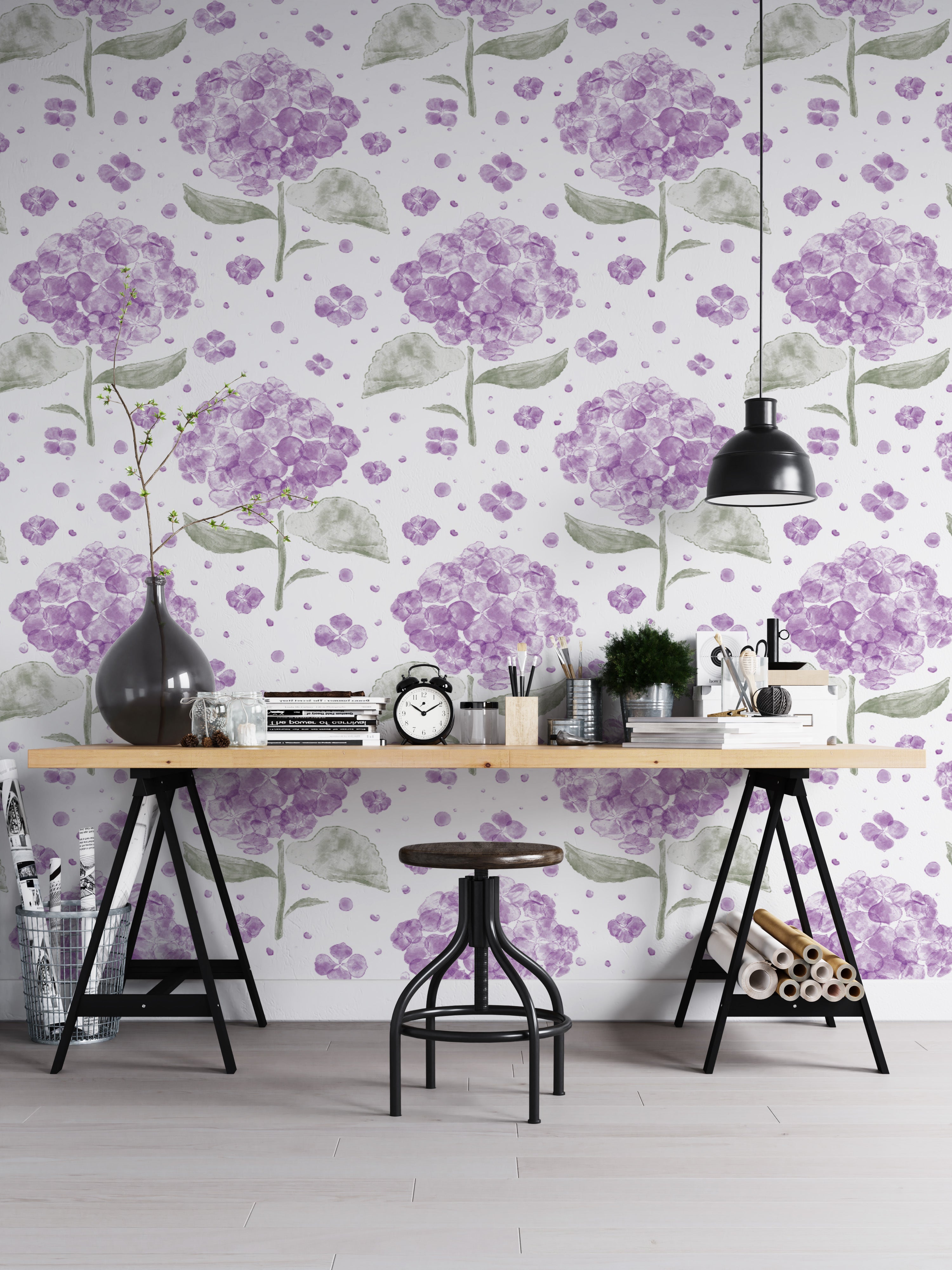 Artistic purple hydrangea in the air wallpaper for unique wall accents.
