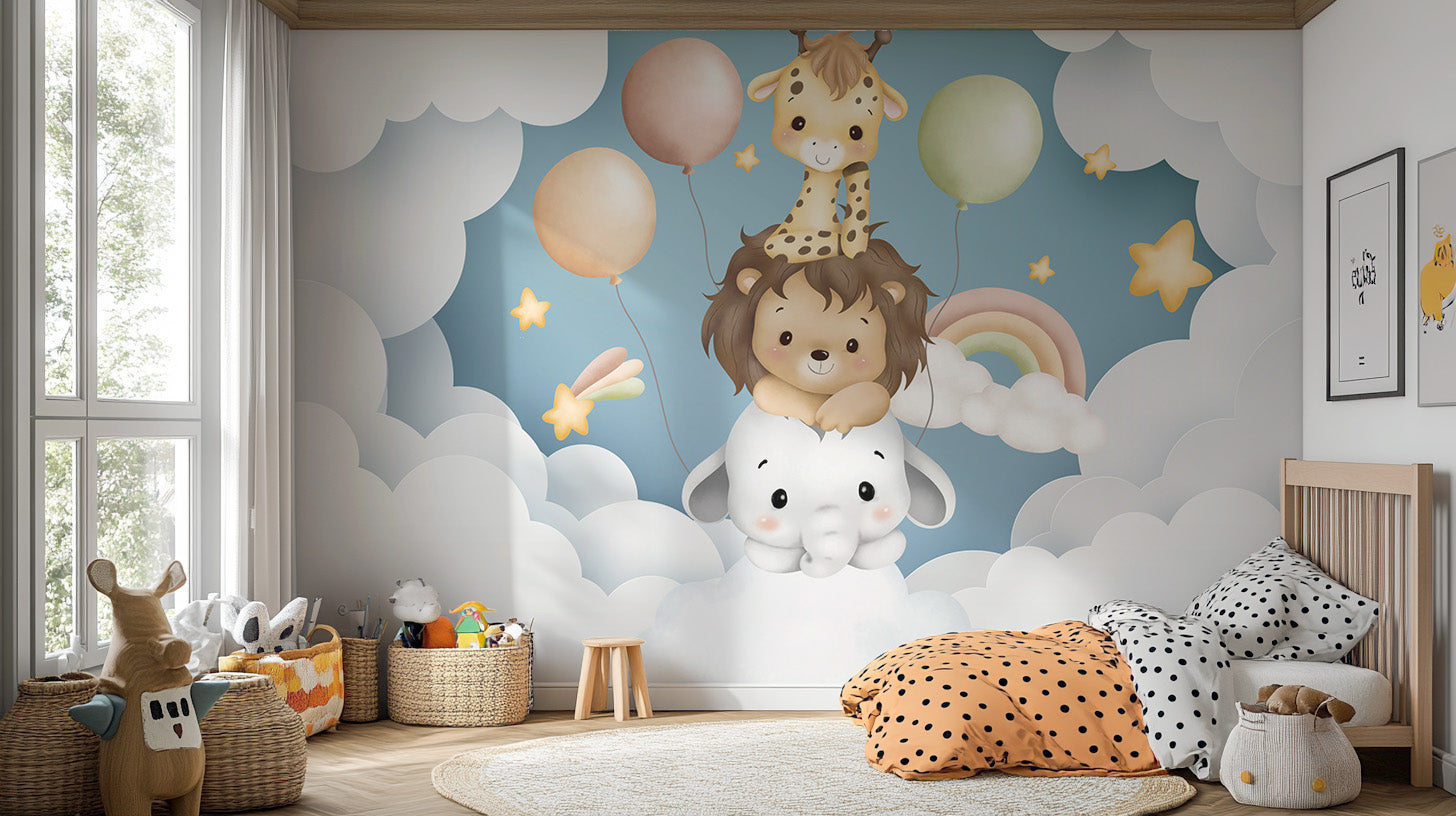 Charming baby animals in a balloon fiesta wallpaper design