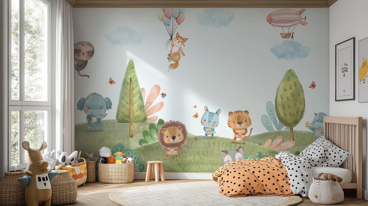 Bright and jubilant jungle wallpaper with critter characters.
