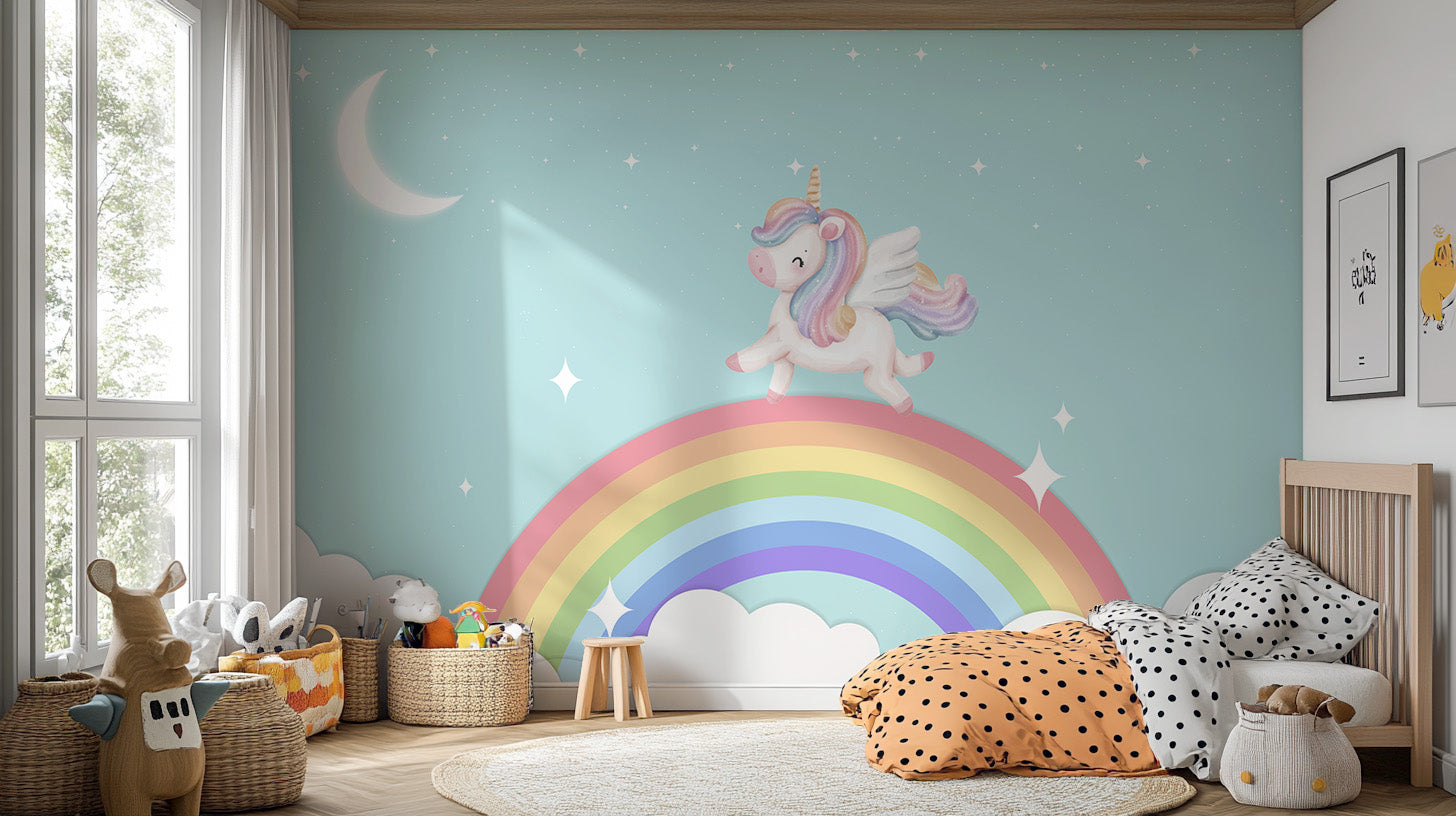 Playful starlit wallpaper mural featuring a rainbow unicorn.
