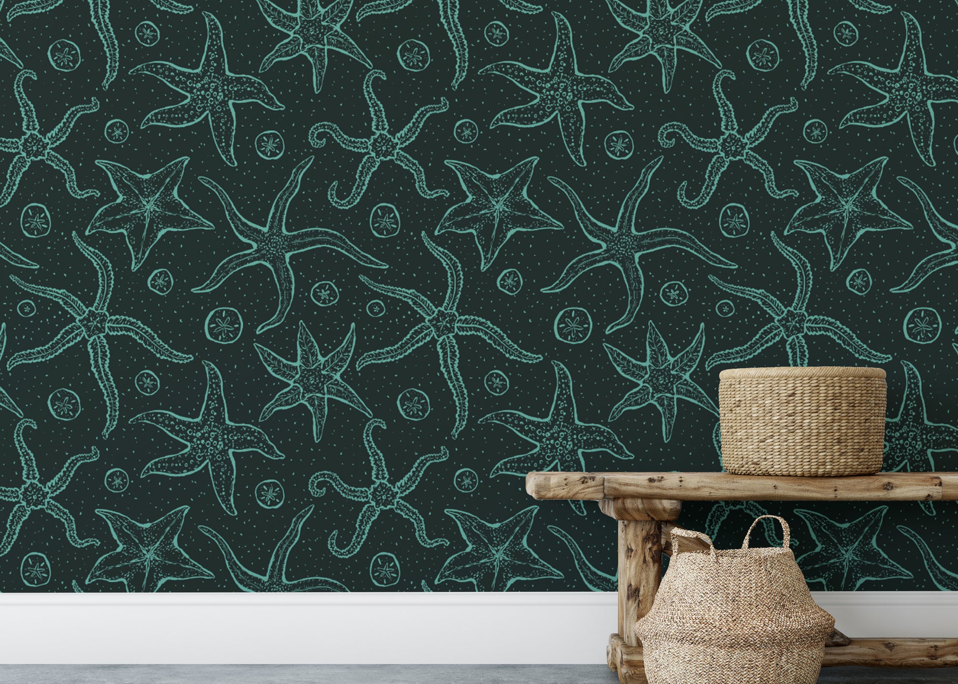 Elegant dark blue echinoderms wallpaper for marine-inspired decor.
