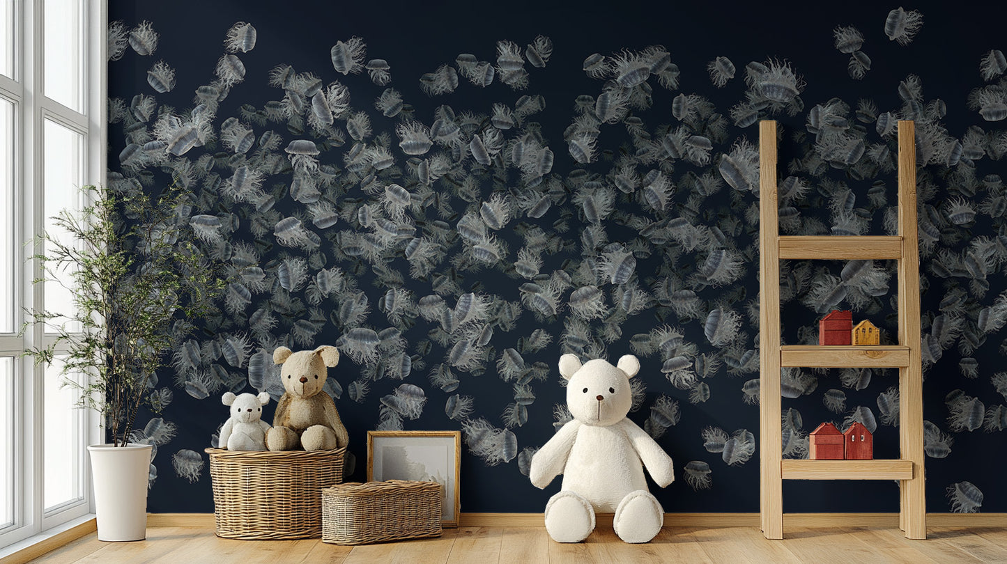 Dancing Jellyfish White on Dark Blue Wallpaper Murals