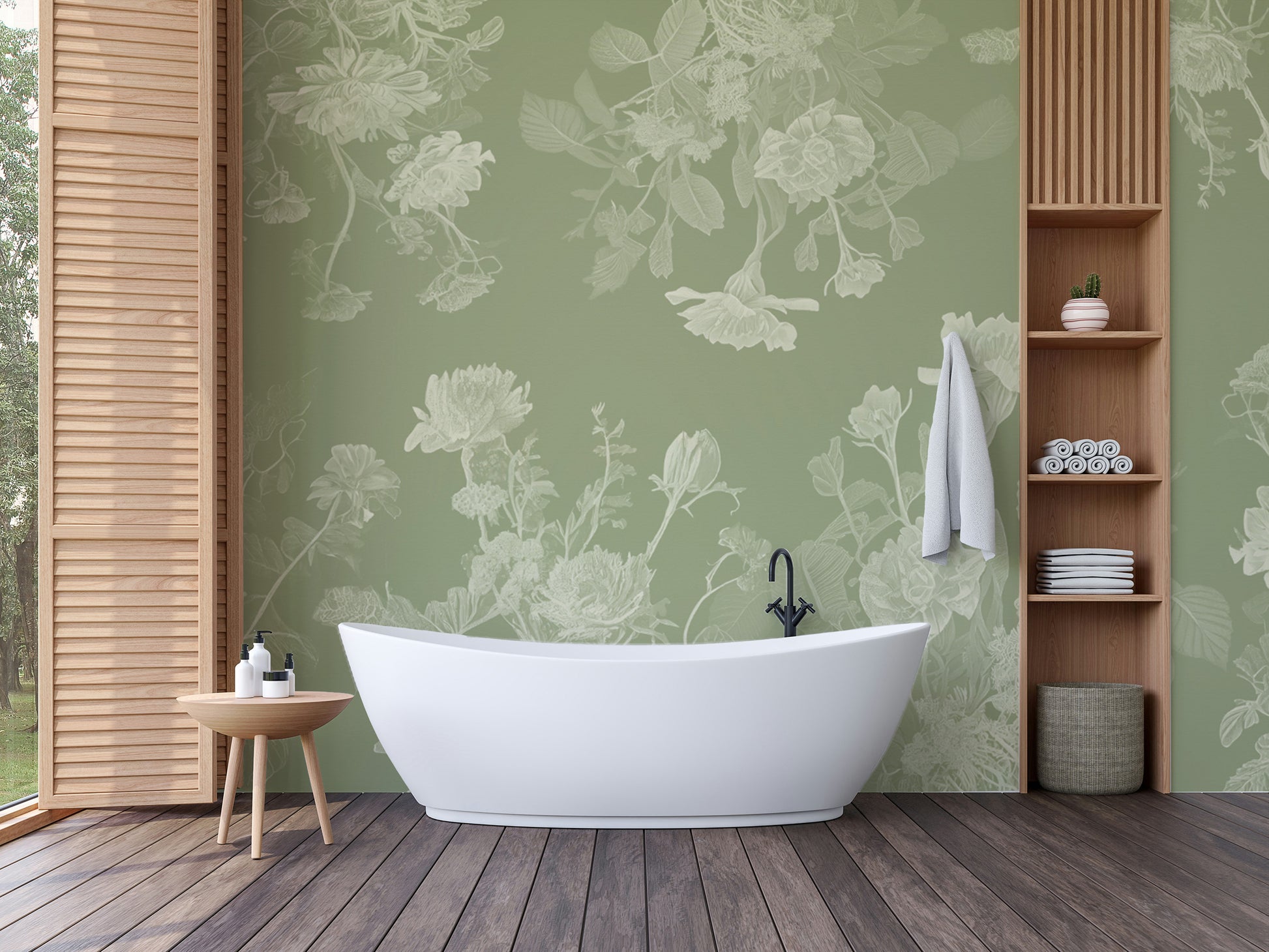 Green floral wallpaper mural for a fresh, nature-inspired decor.