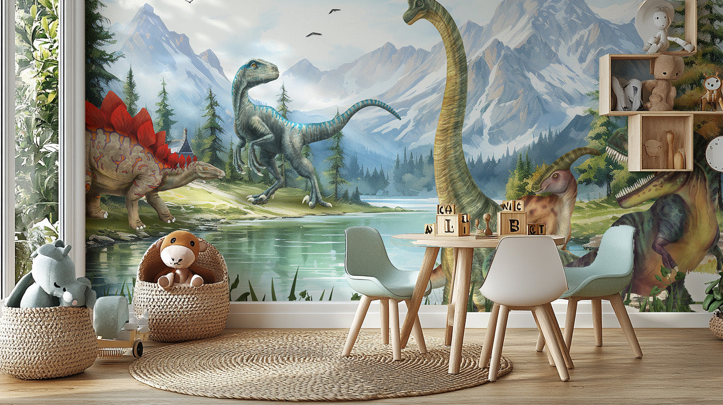 Vibrant Jurassic Valley wallpaper mural with dinosaur designs.
